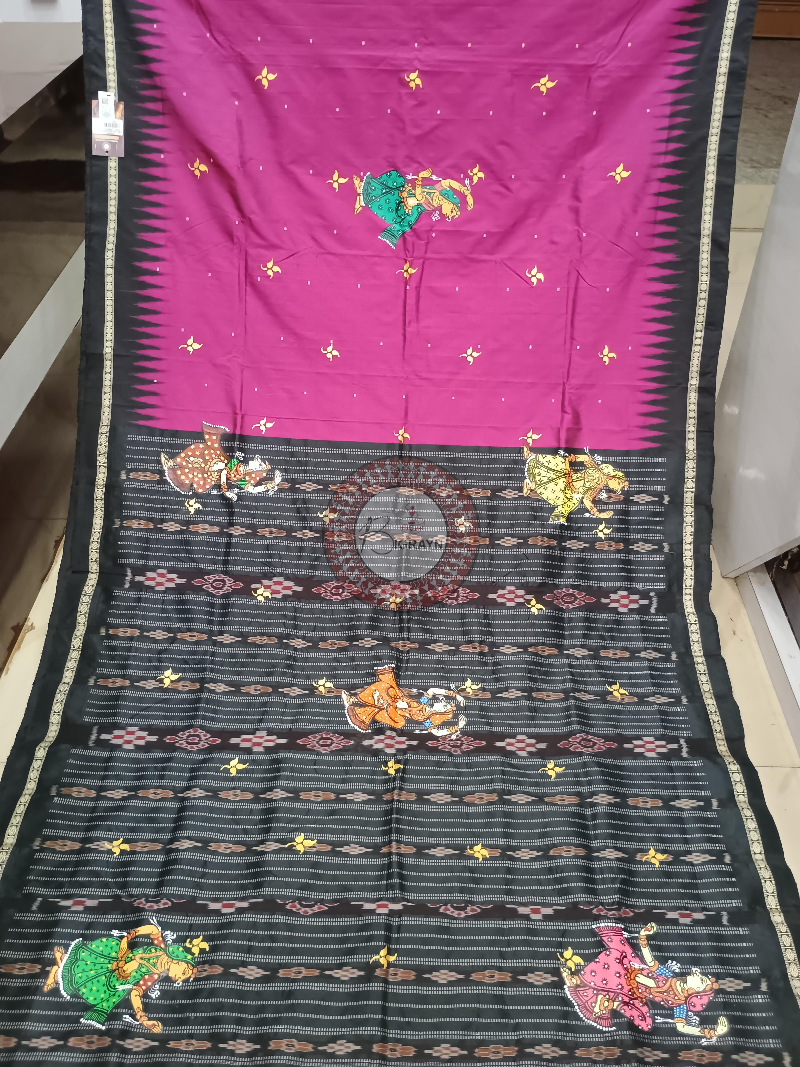 Magenta Black Rajastani Dancer Theme Pattachitra Sambalpuri Silk Saree