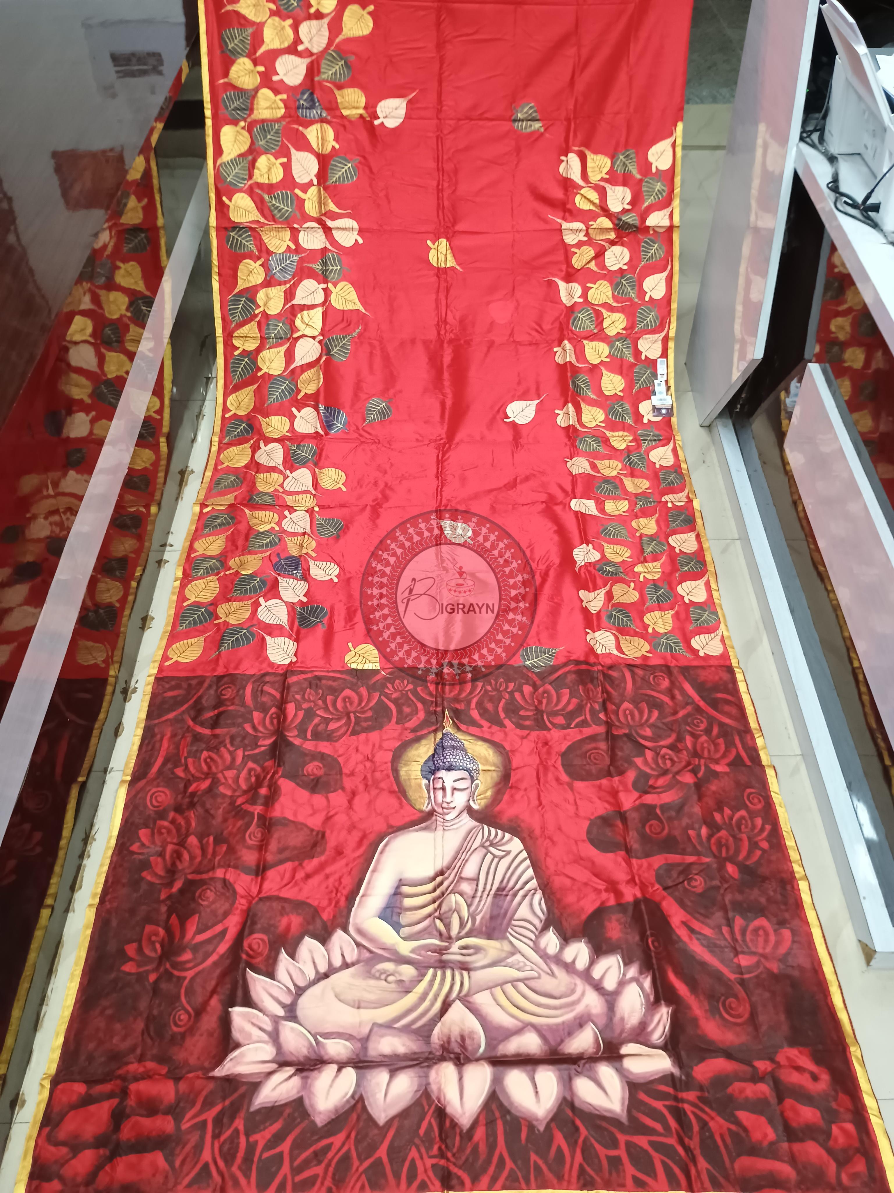 Red Buddha Theme Pattachitra Sambalpuri Silk Saree