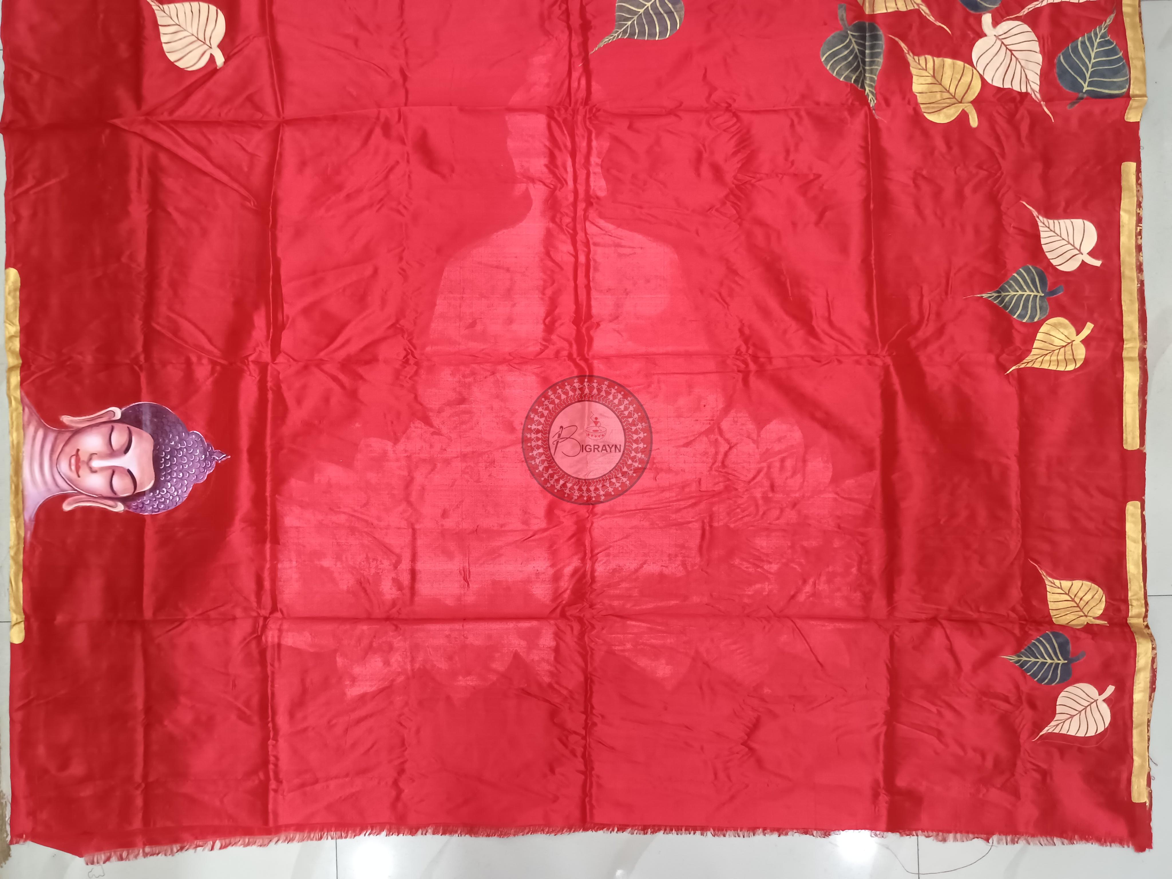 Red Buddha Theme Pattachitra Sambalpuri Silk Saree
