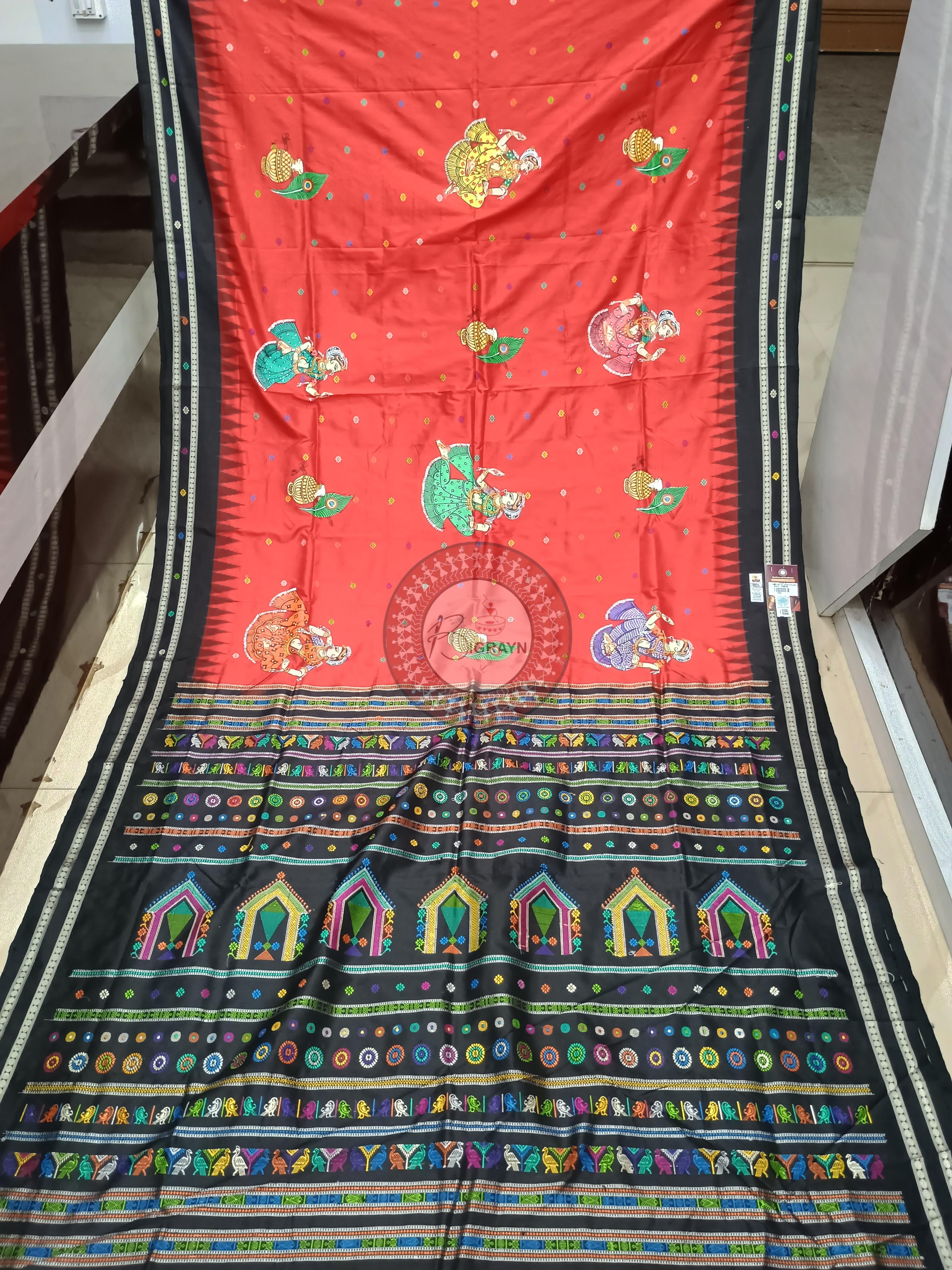 Red Black Dolabedi With Dancer Theme Pattachitra Sambalpuri Silk Saree