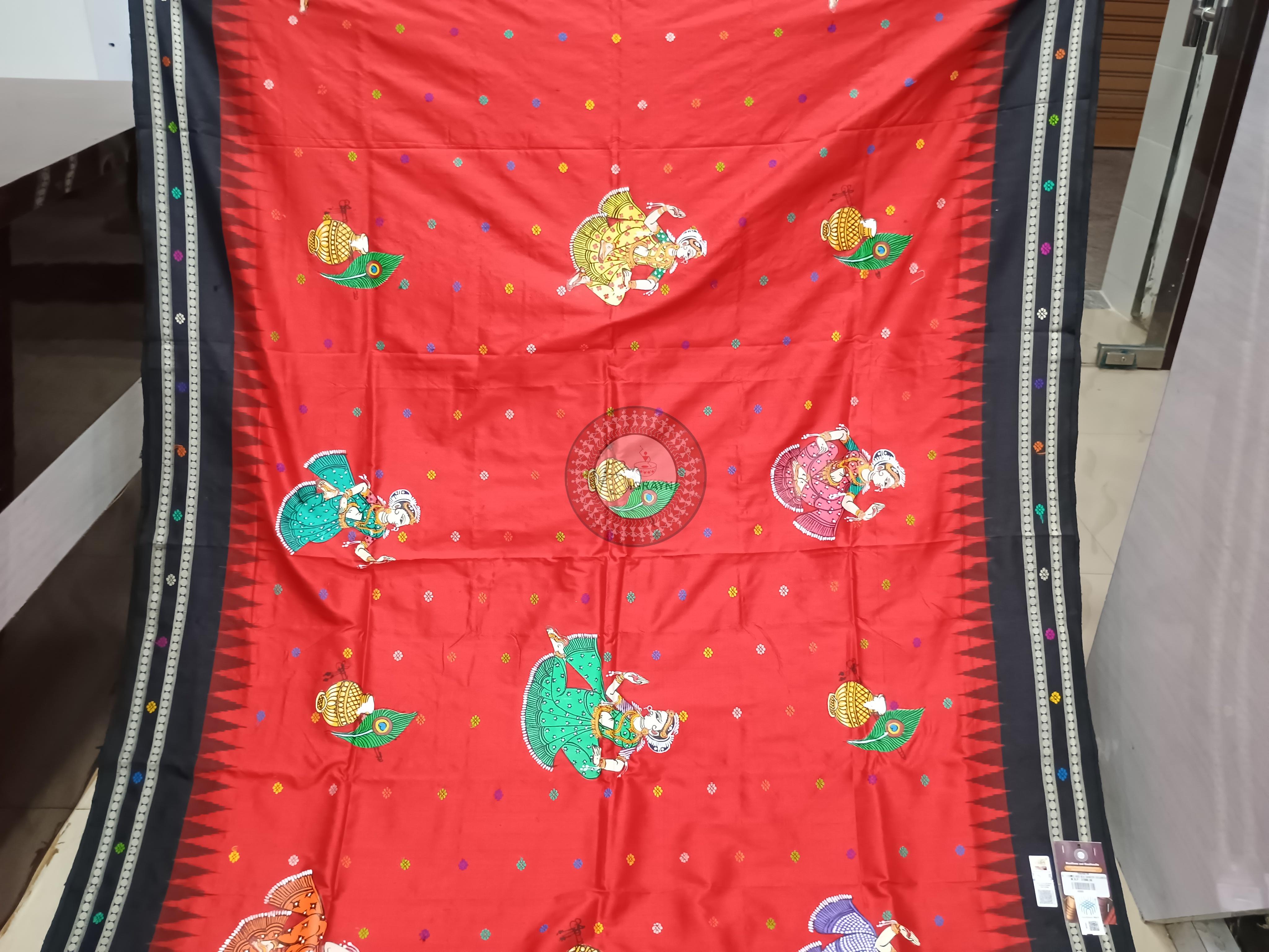 Red Black Dolabedi With Dancer Theme Pattachitra Sambalpuri Silk Saree
