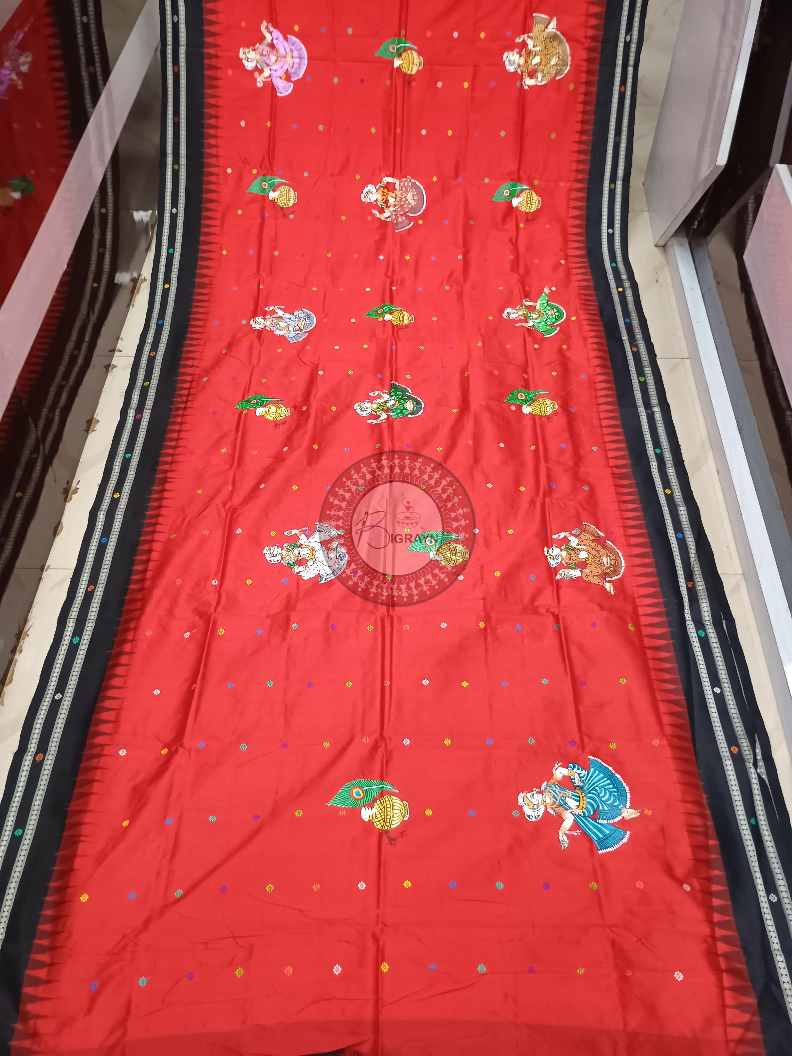 Red Black Dolabedi With Dancer Theme Pattachitra Sambalpuri Silk Saree