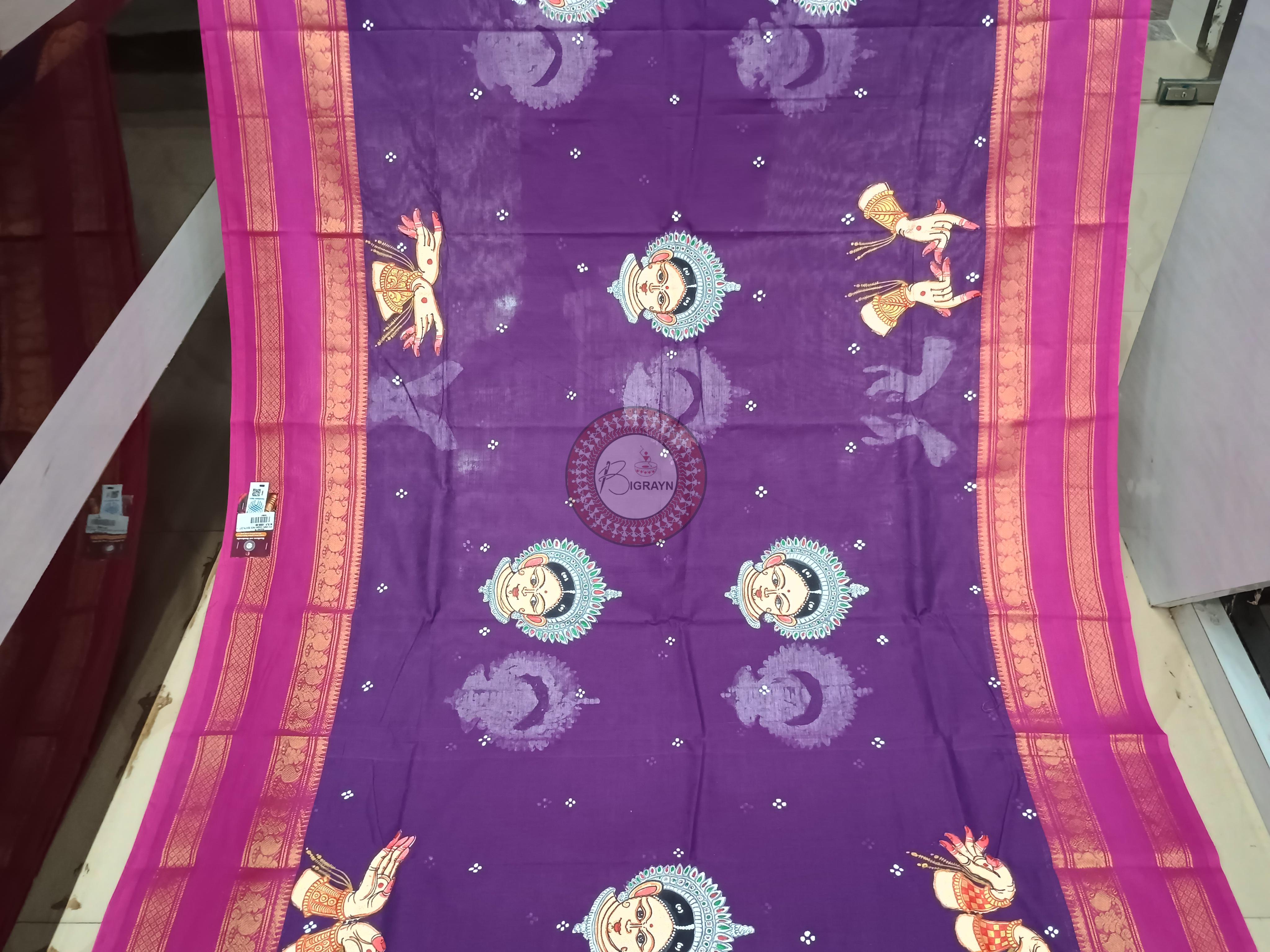 Purple Magenta Odishi Mudra And Face Theme Pattachitra South Cotton Saree