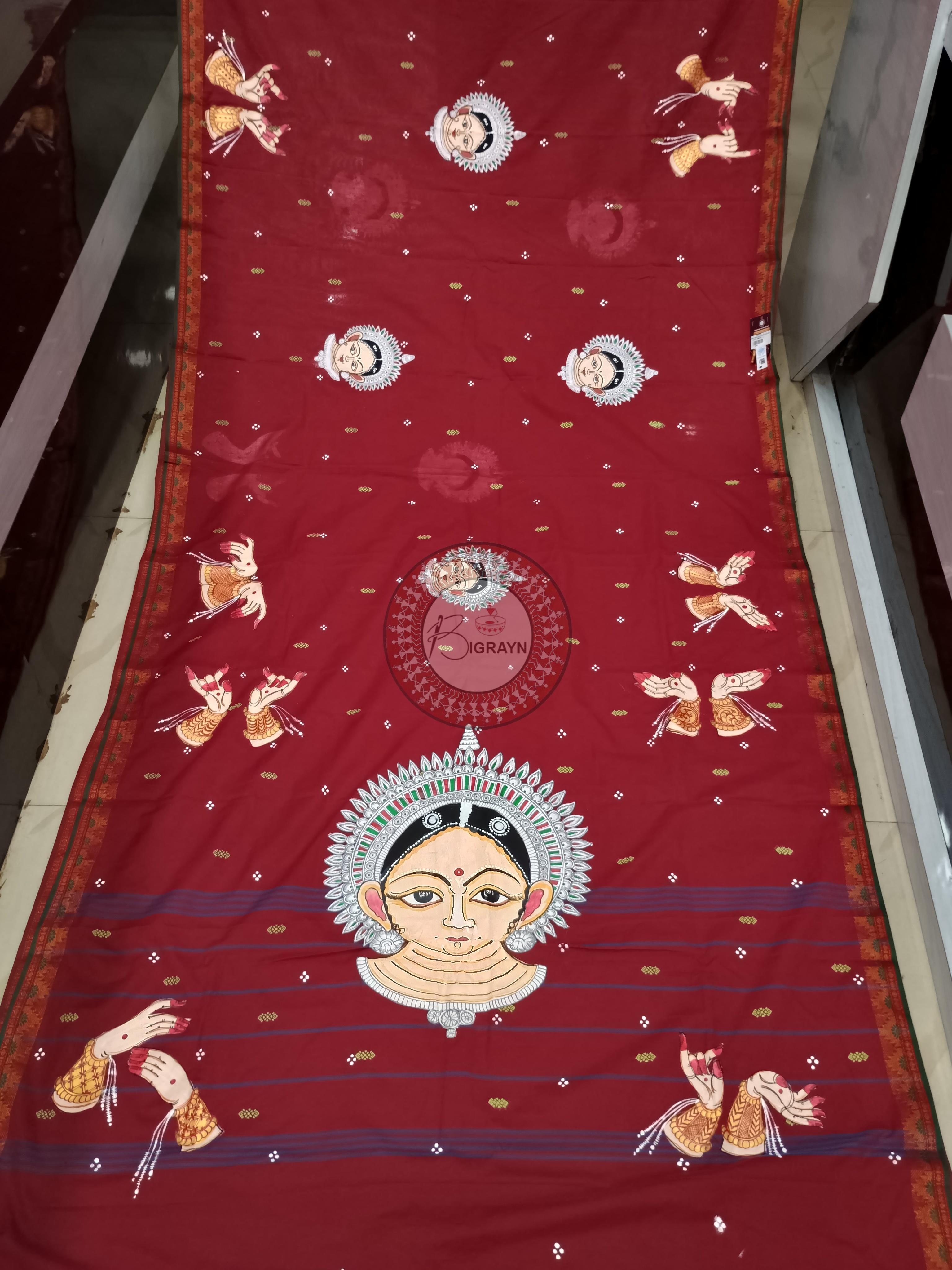 Maroon Odishi Mudra And Face Theme Pattachitra South Cotton Saree
