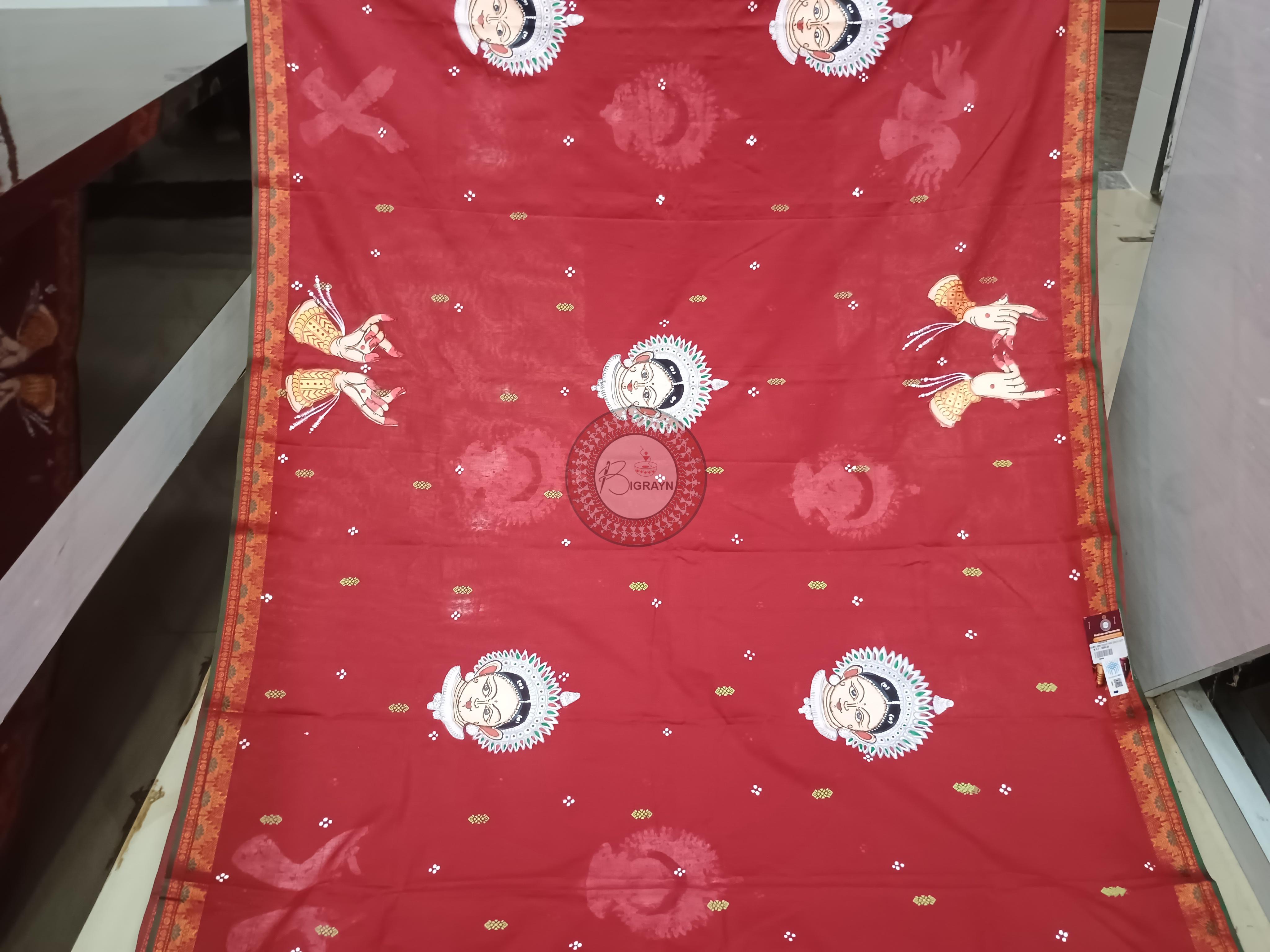 Maroon Odishi Mudra And Face Theme Pattachitra South Cotton Saree