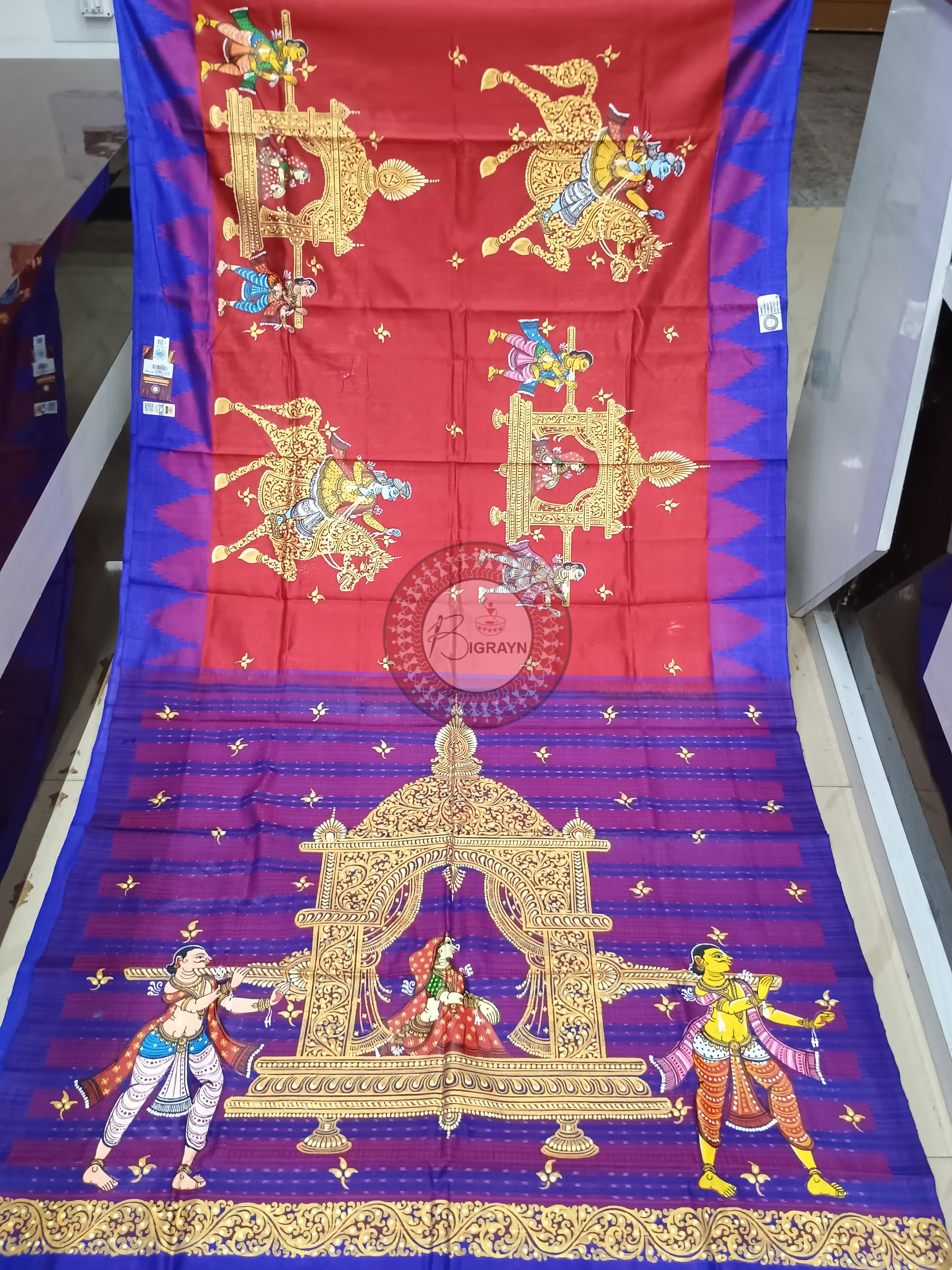 Red Blue Marriage Theme Pattachitra Tussar Silk Saree
