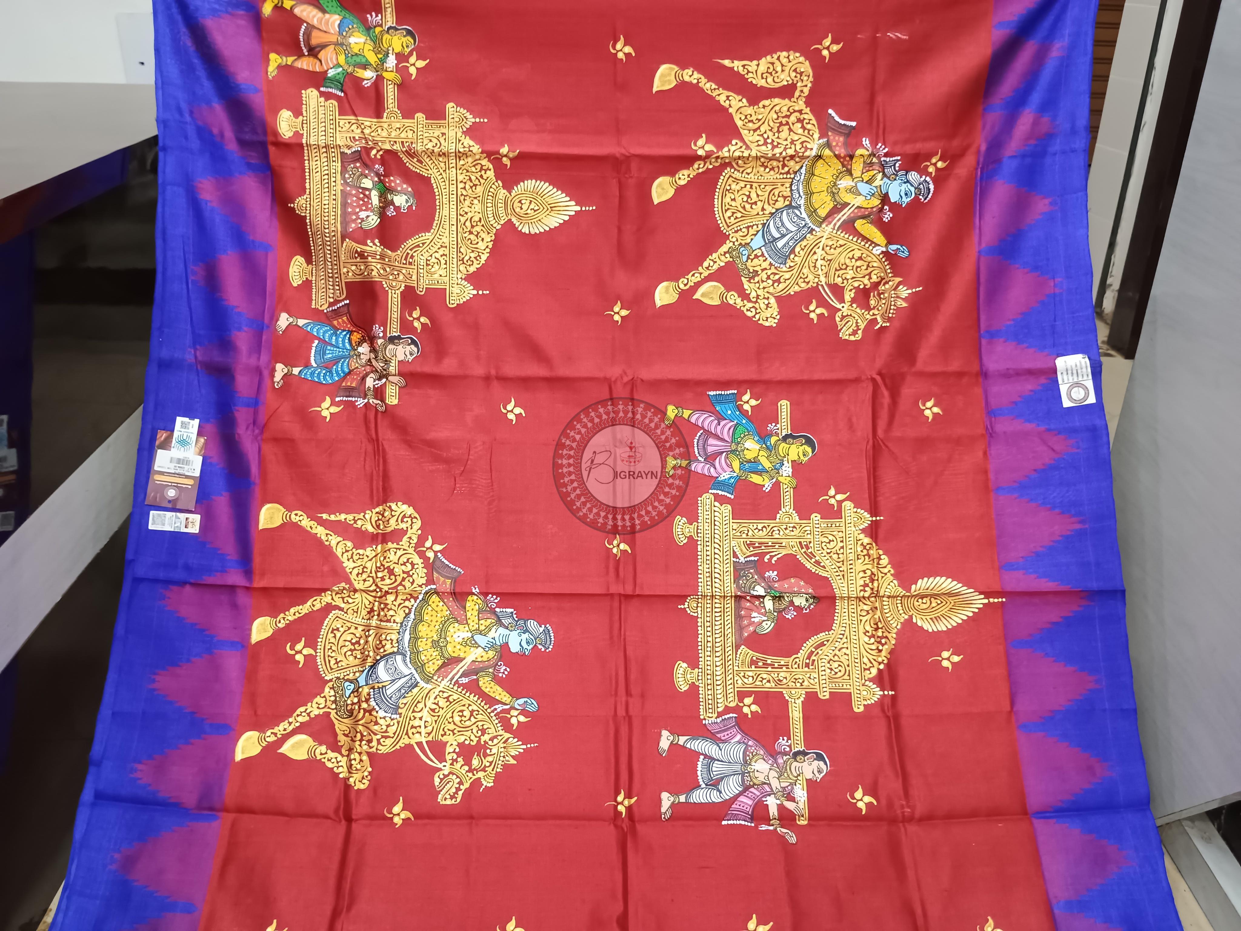 Red Blue Marriage Theme Pattachitra Tussar Silk Saree