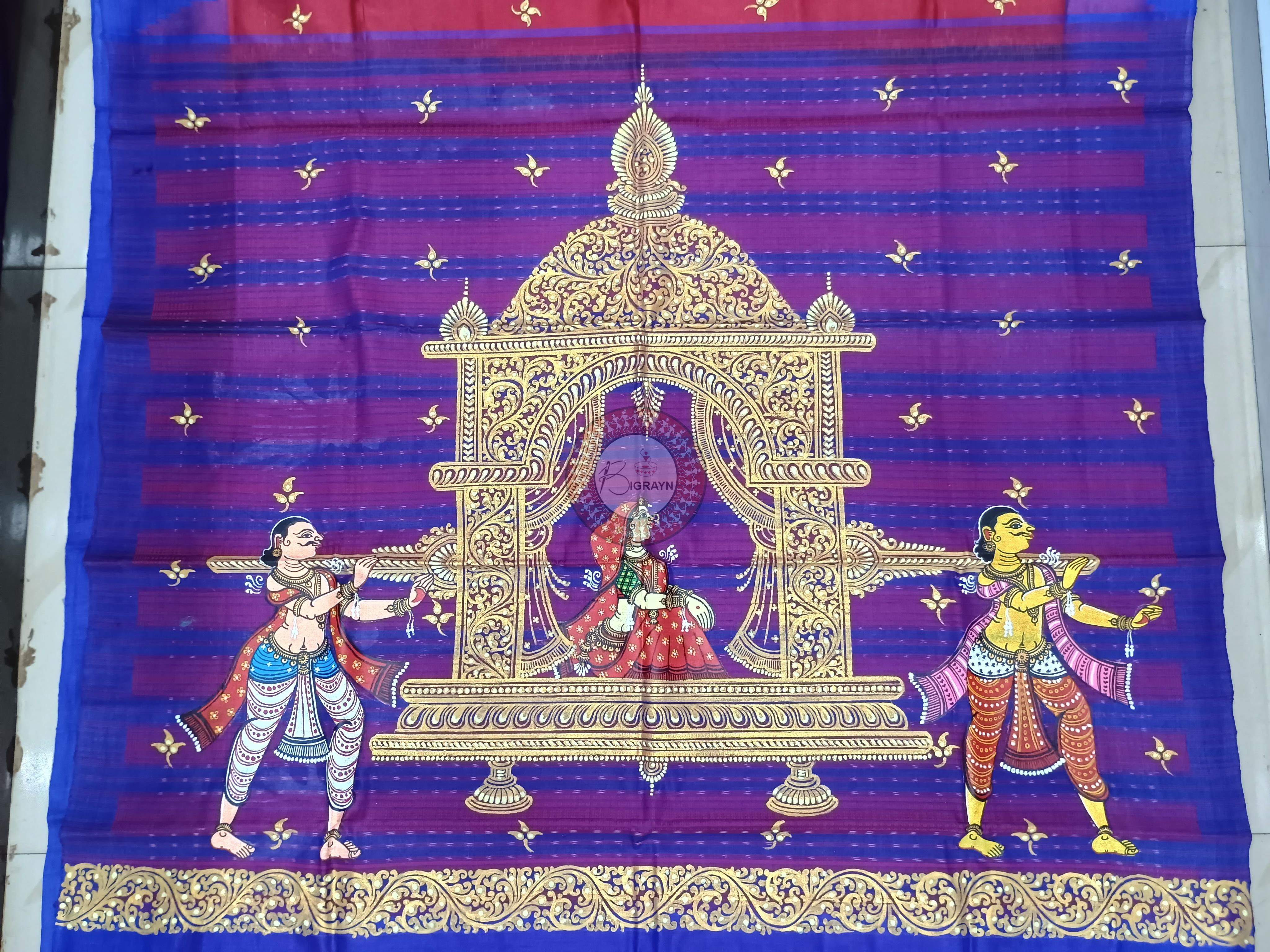 Red Blue Marriage Theme Pattachitra Tussar Silk Saree