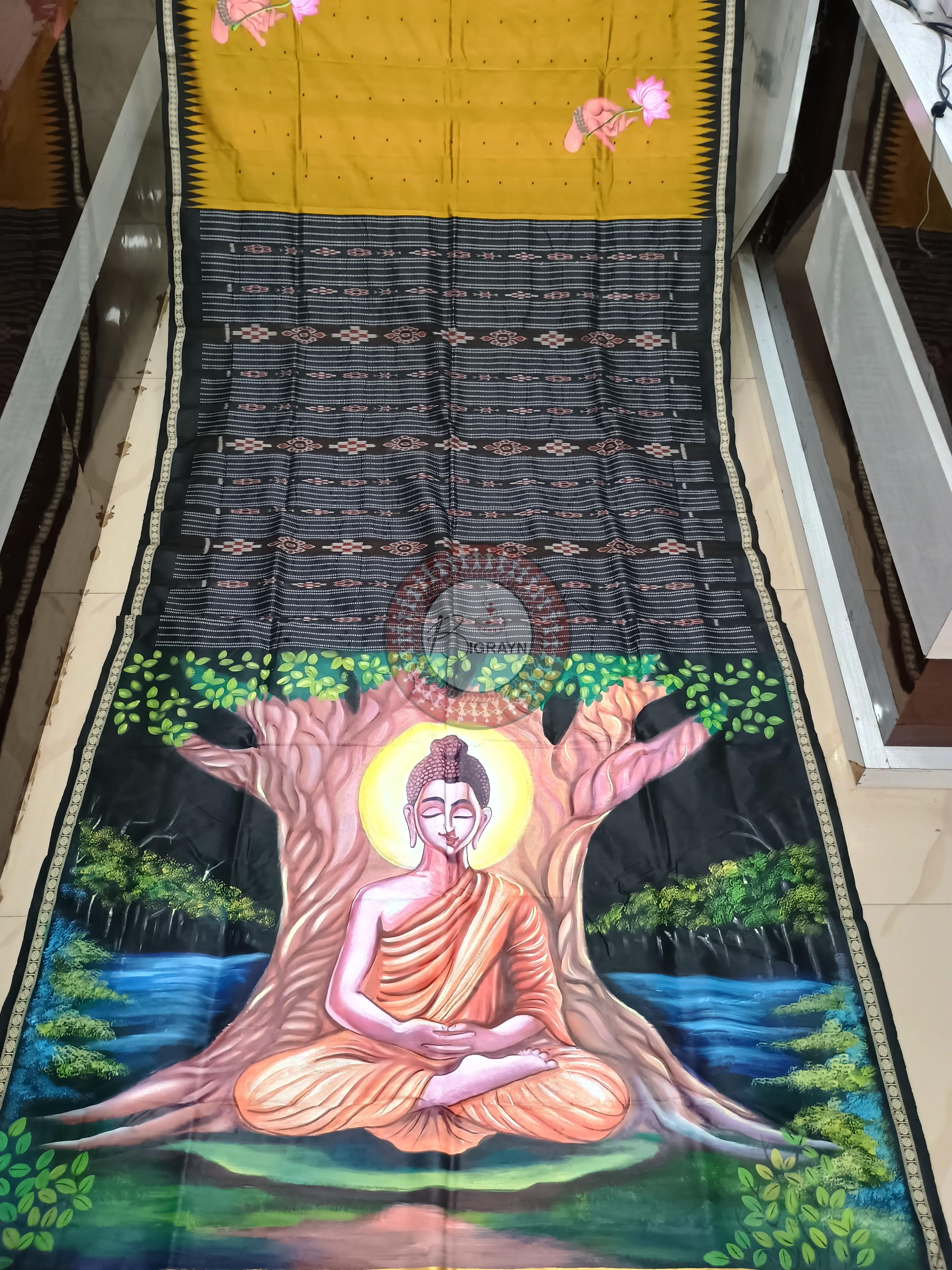 Mustard Yellow Black Budhha Theme Pattachitra Sambalpuri Silk Saree