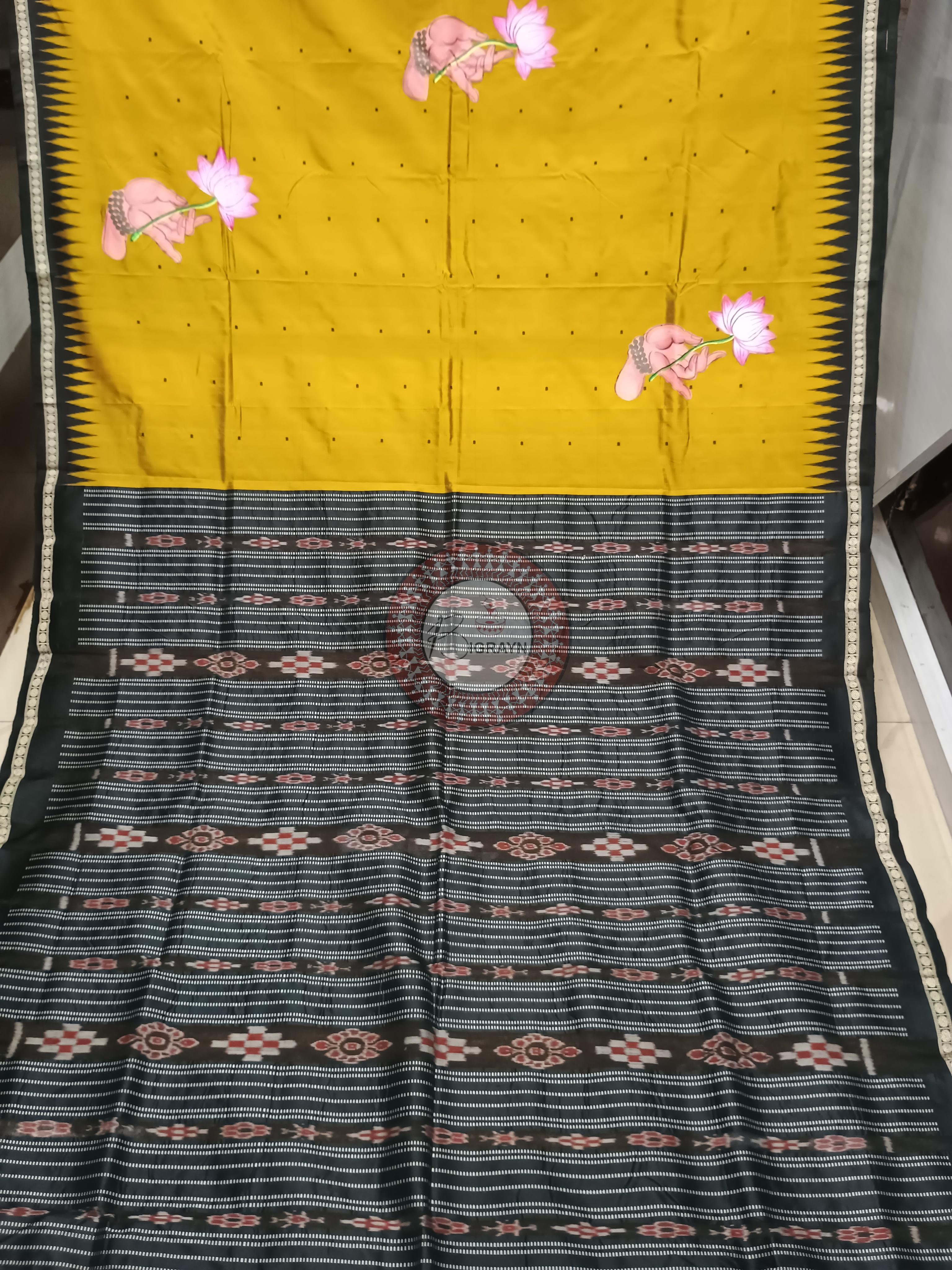 Mustard Yellow Black Budhha Theme Pattachitra Sambalpuri Silk Saree