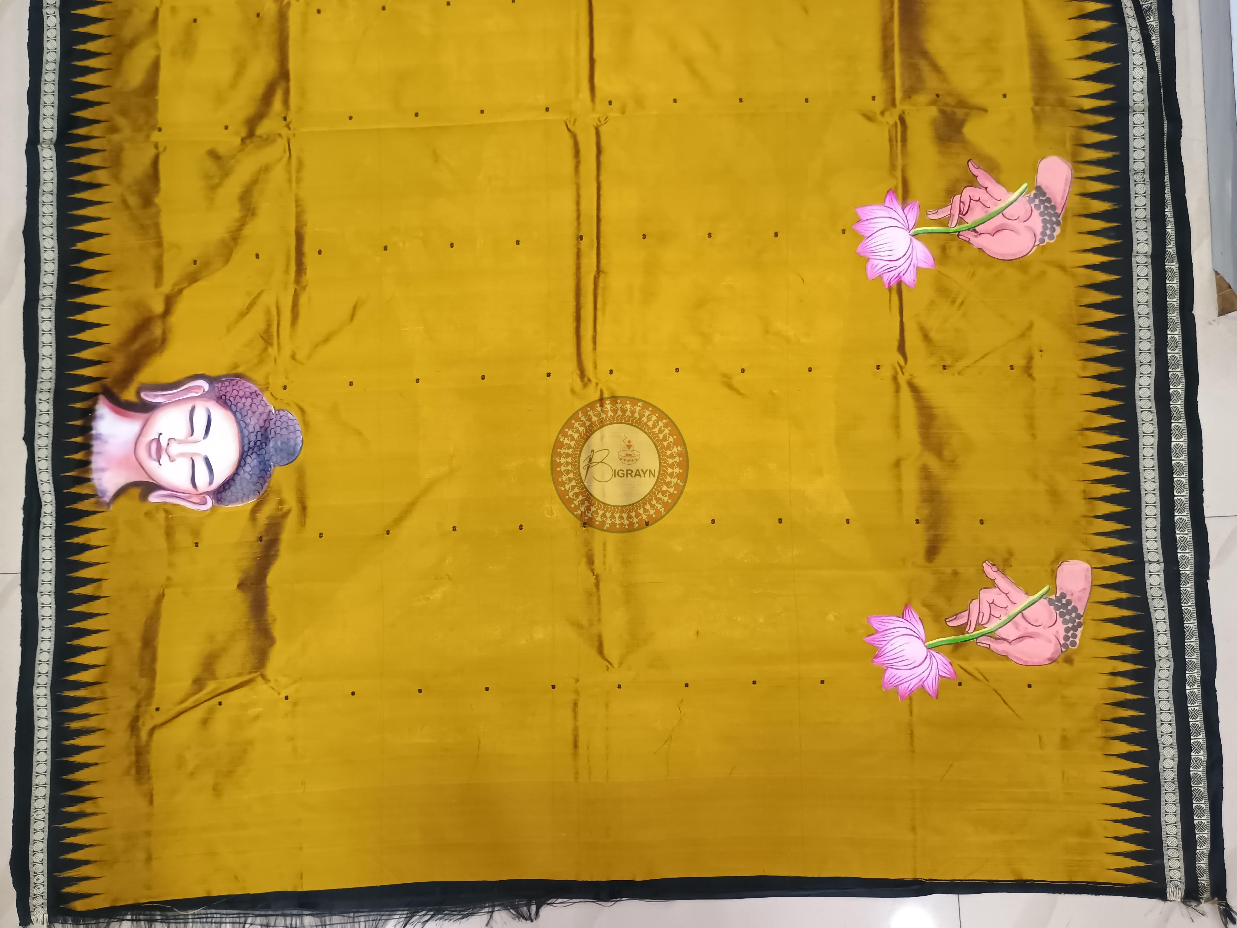 Mustard Yellow Black Budhha Theme Pattachitra Sambalpuri Silk Saree