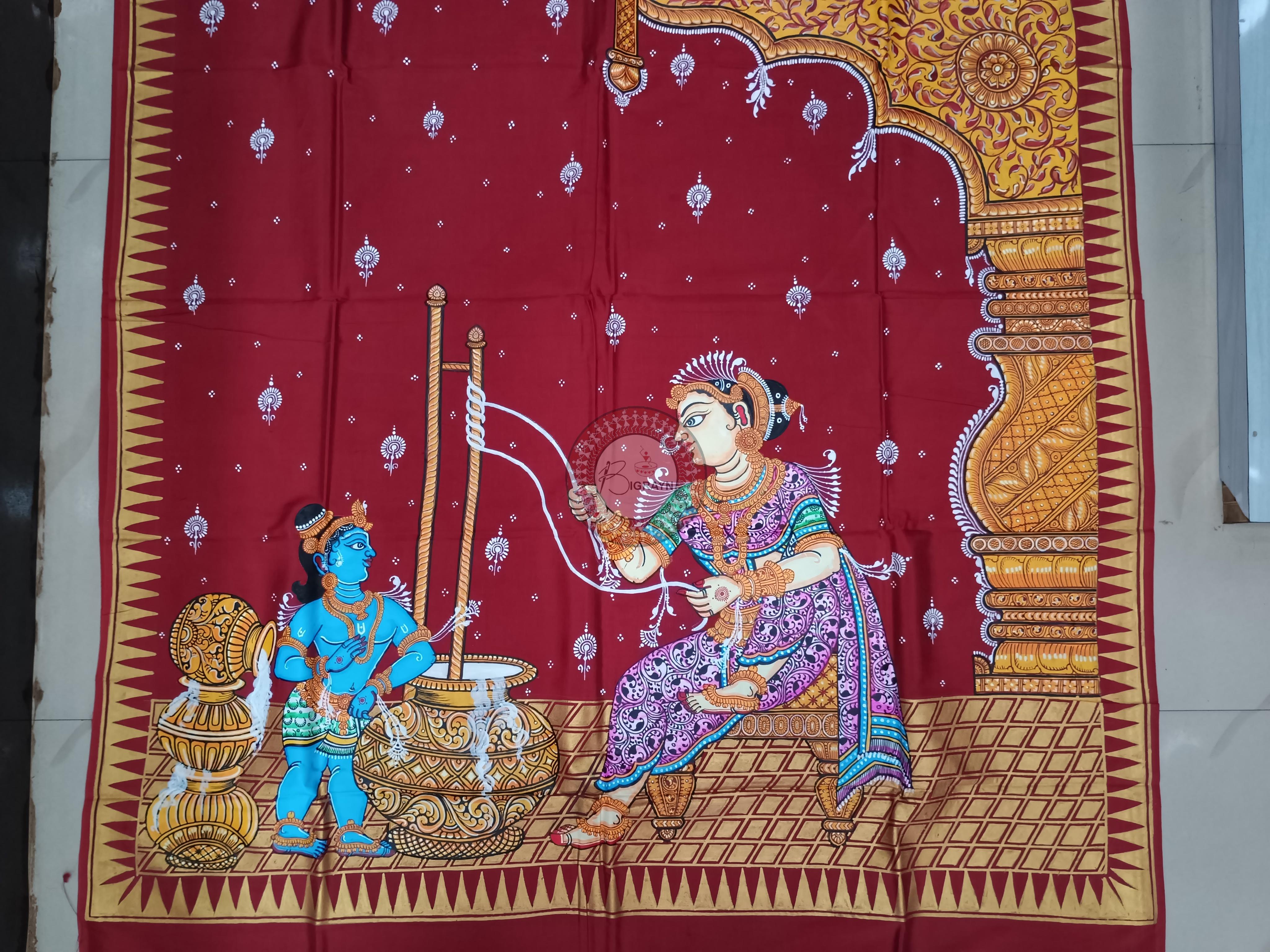 Maroon Dadhi Manthana Theme Pattachitra Khadi Silk Saree