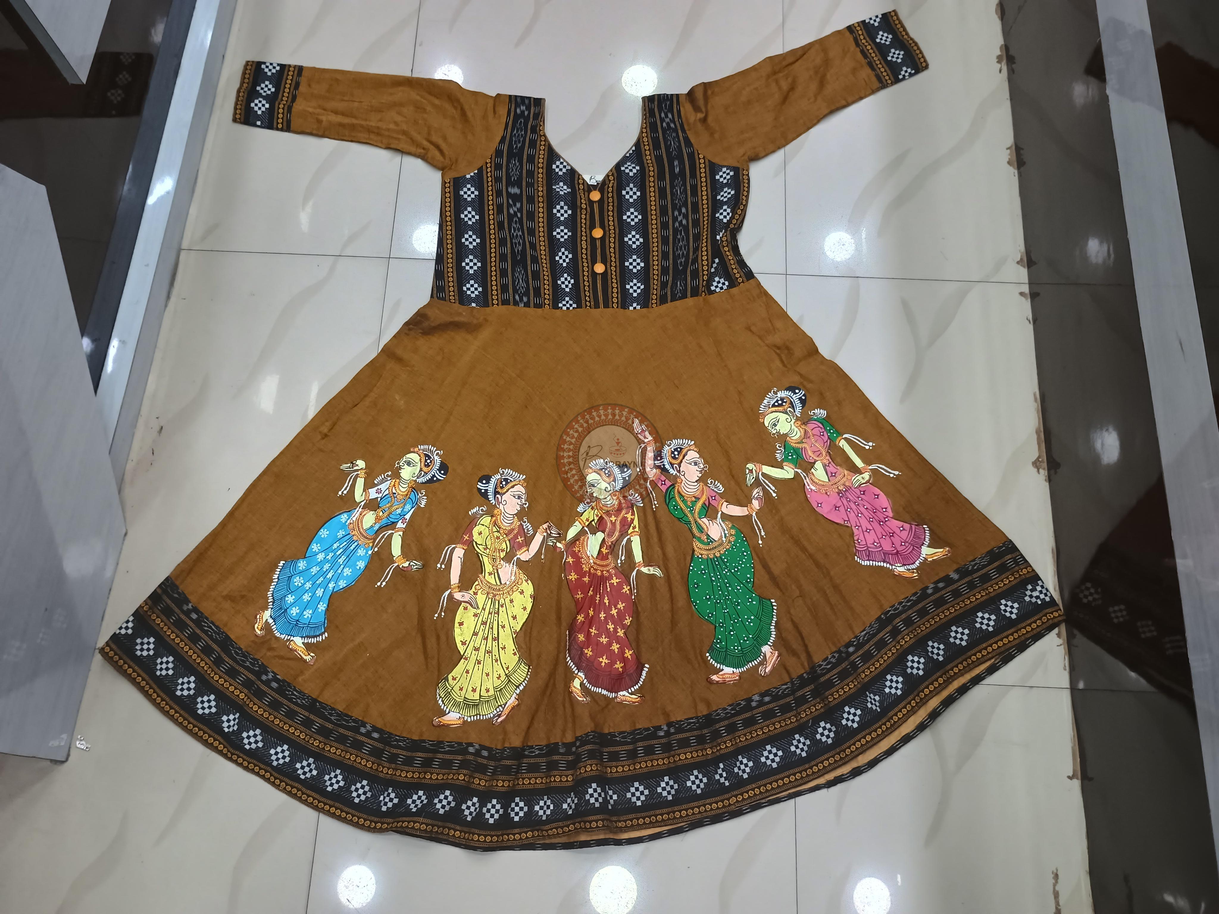 Mustard Yellow Black Dancer Theme Odisha Hand Painted Pattachitra Anarkali