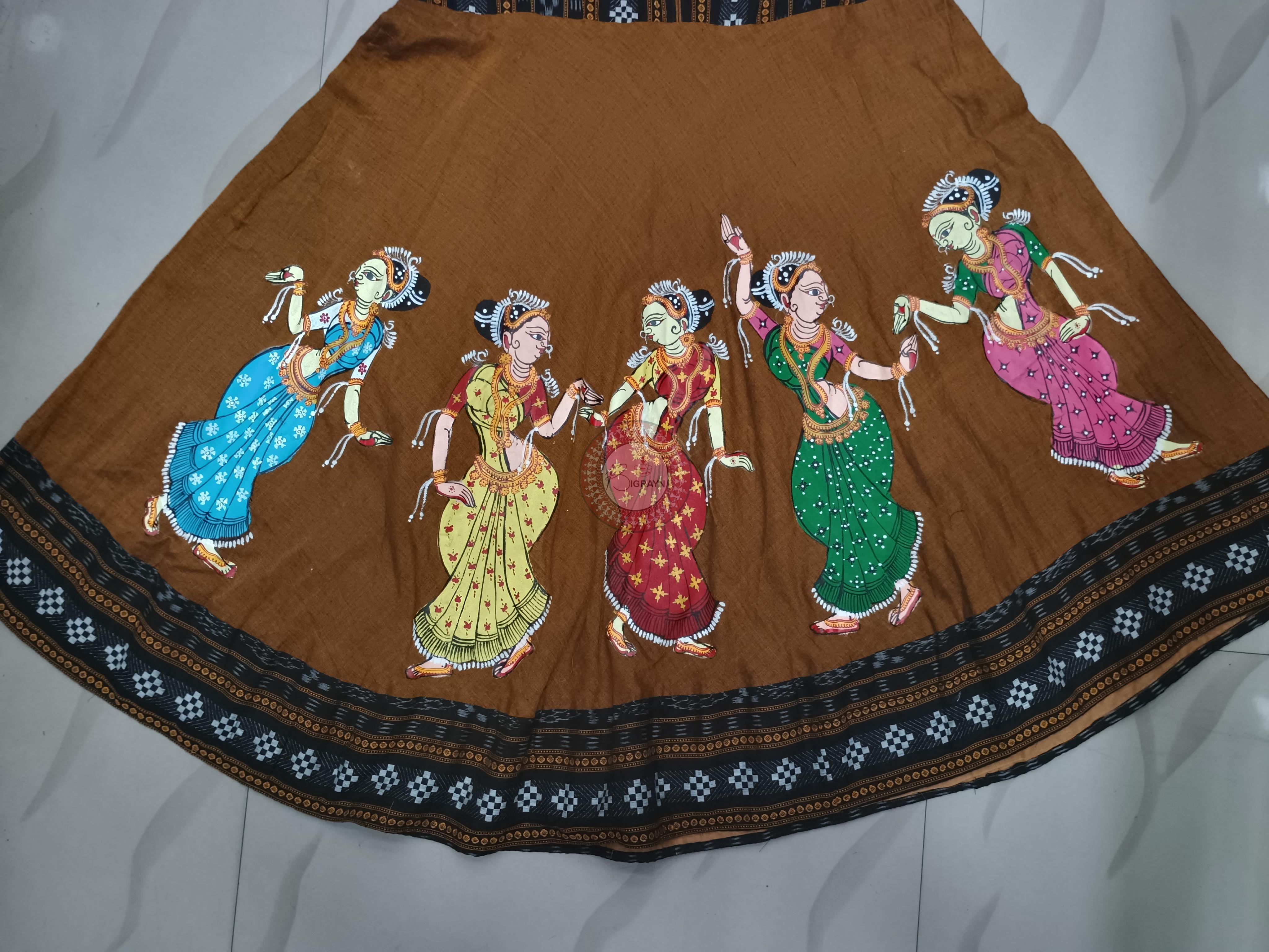Mustard Yellow Black Dancer Theme Odisha Hand Painted Pattachitra Anarkali