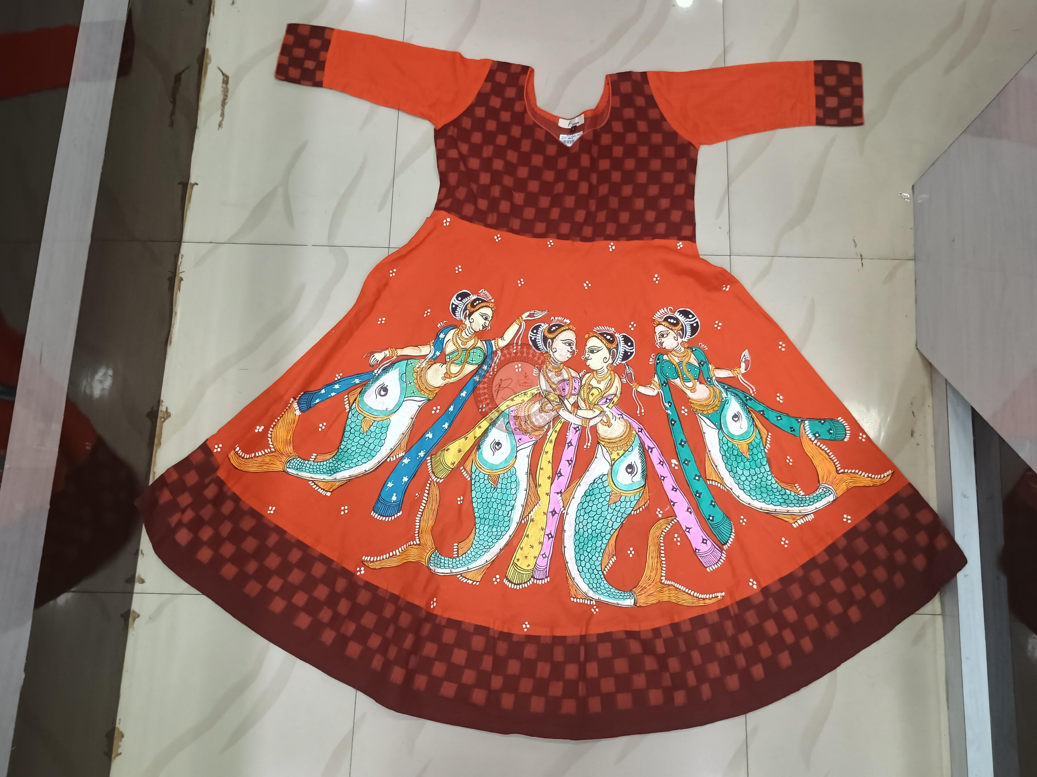 Orange Maroon Mastya Kanya Theme Odisha Hand Painted Pattachitra Anarkali