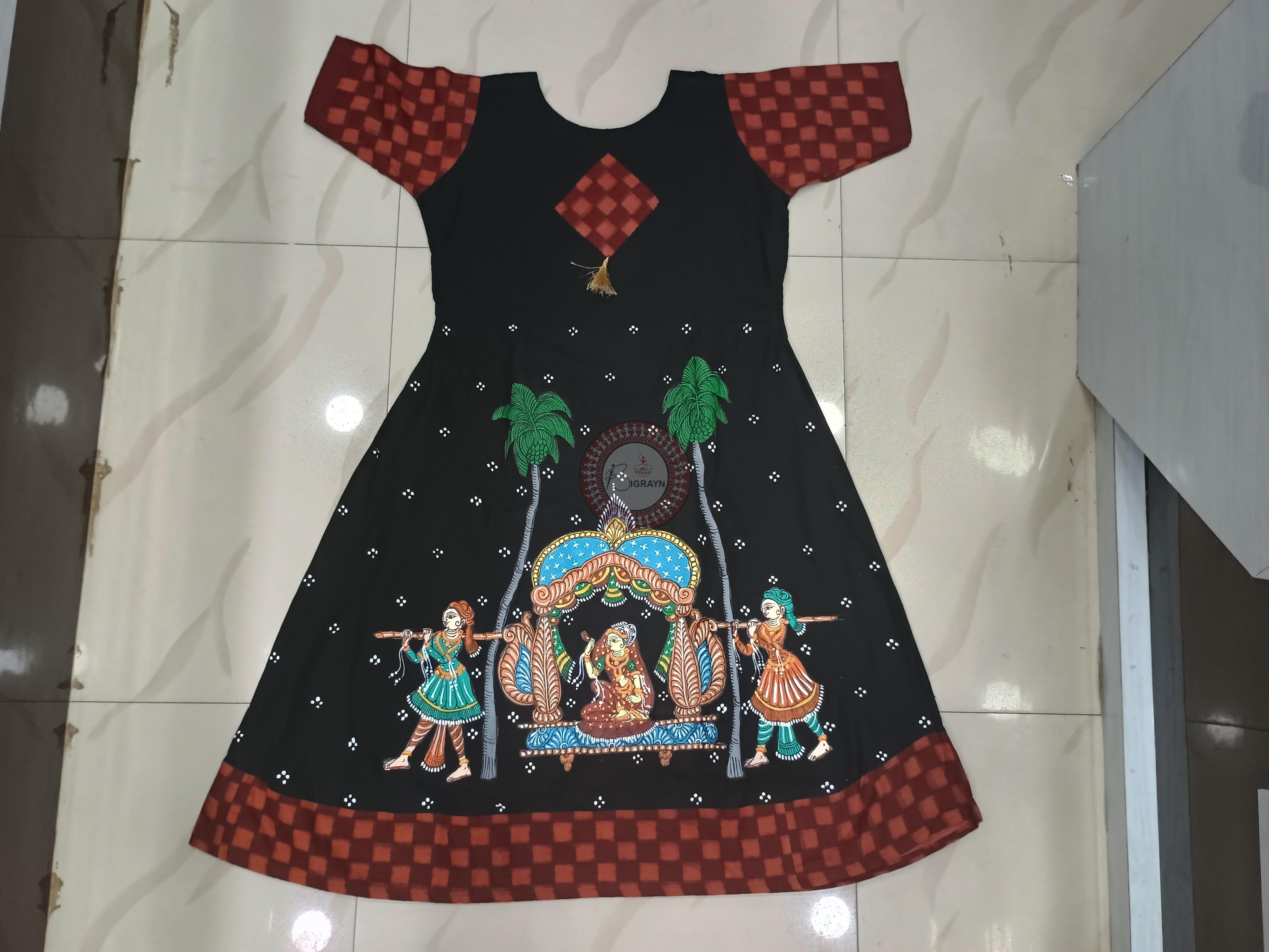 Black Maroon Marriage Theme Odisha Hand Painted Pattachitra Anarkali