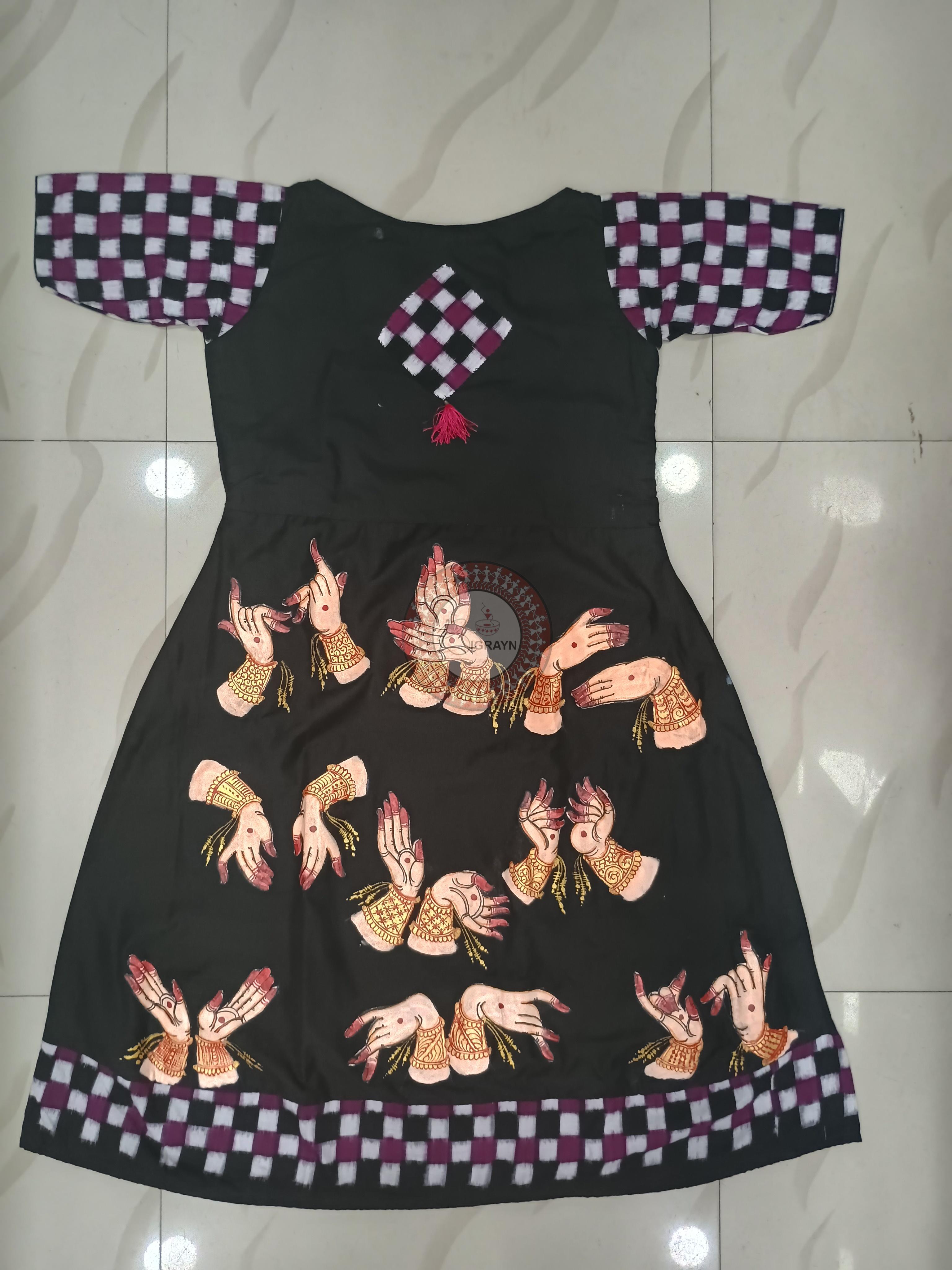 Black Maroon Odishi Mudra Theme Odisha Hand Painted Pattachitra Anarkali