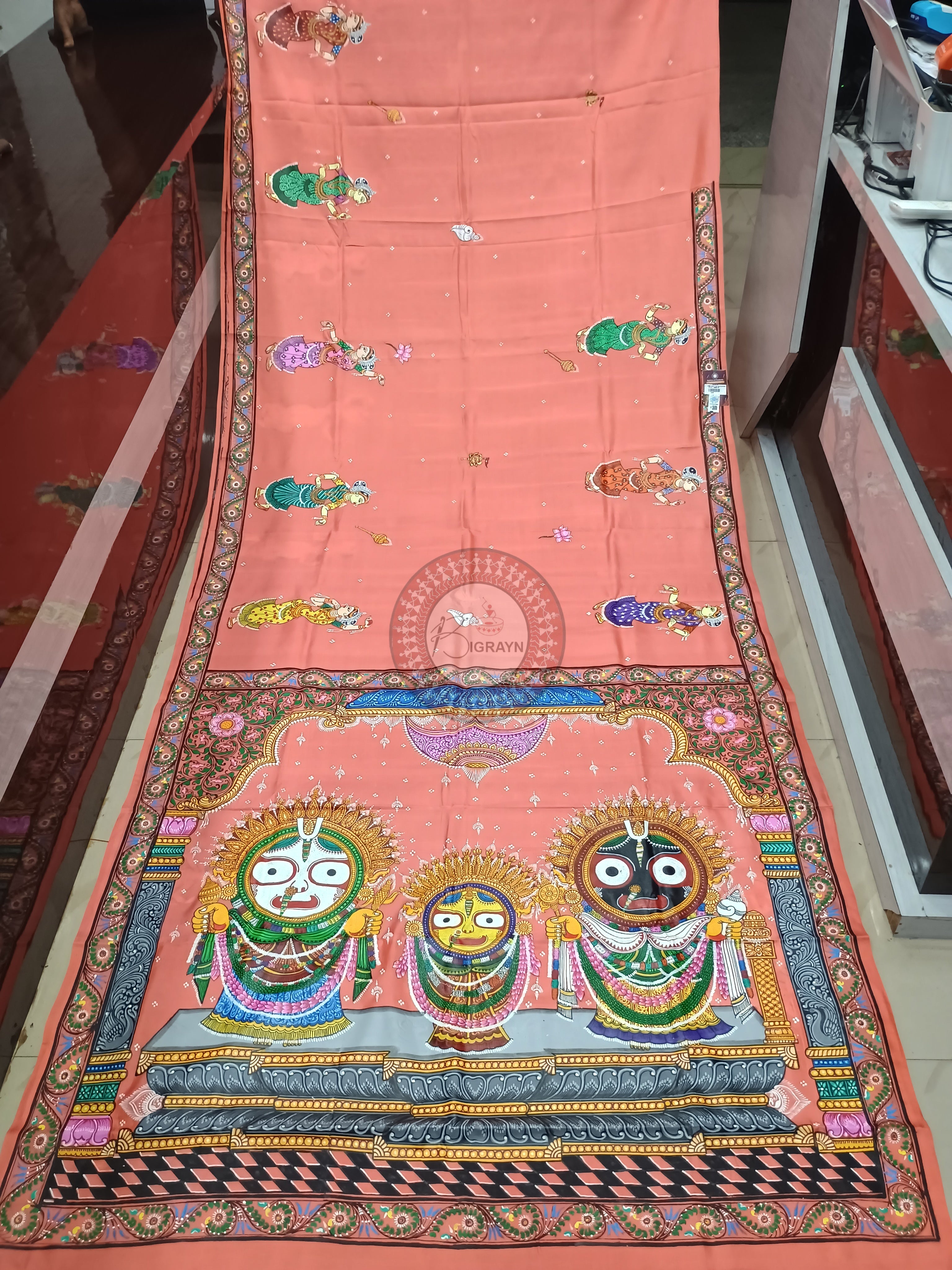 Peach Jagannatha Balabhadra Subhadra Theme Pattachitra Kanjivaram Silk Saree