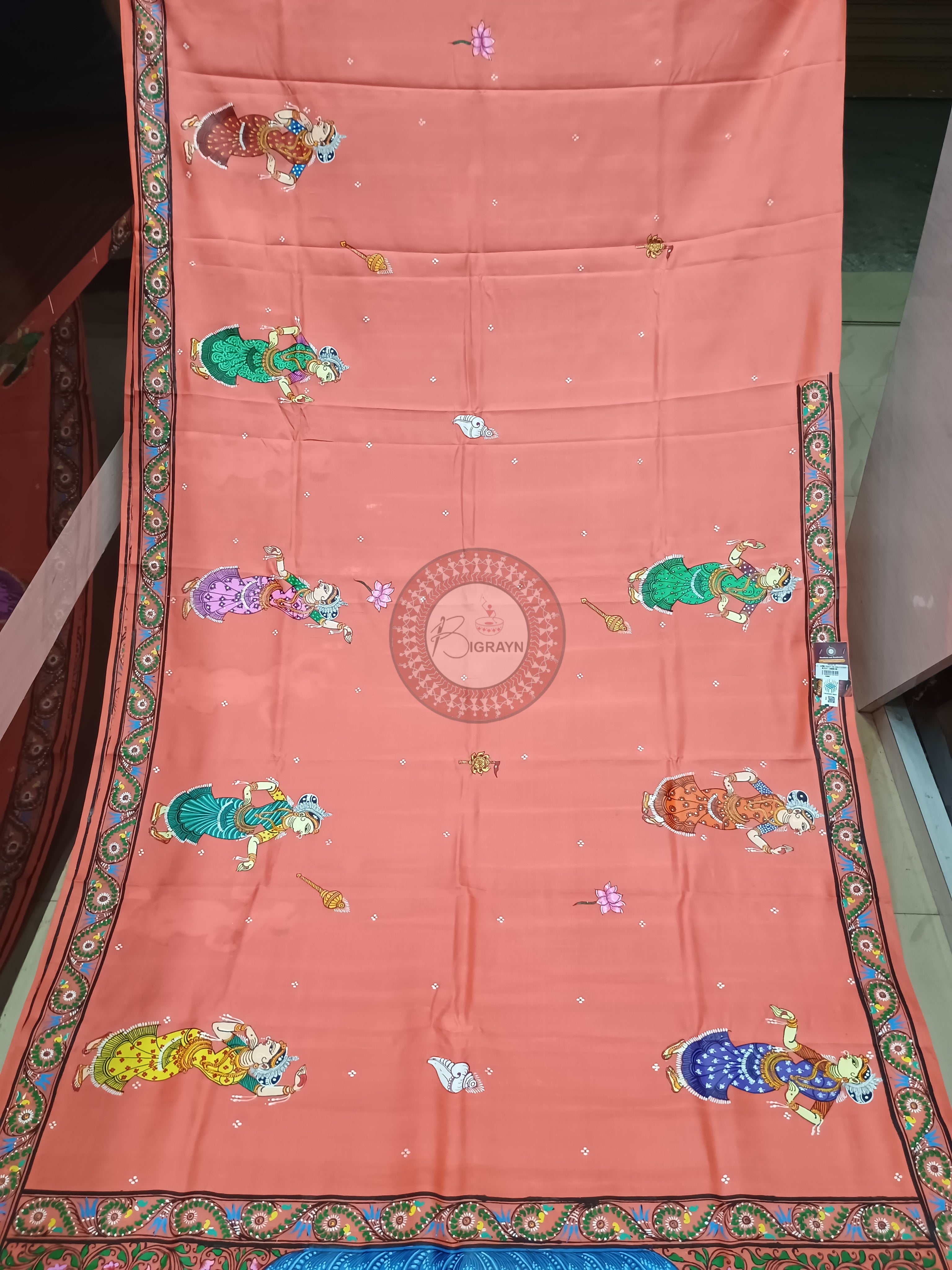 Peach Jagannatha Balabhadra Subhadra Theme Pattachitra Kanjivaram Silk Saree