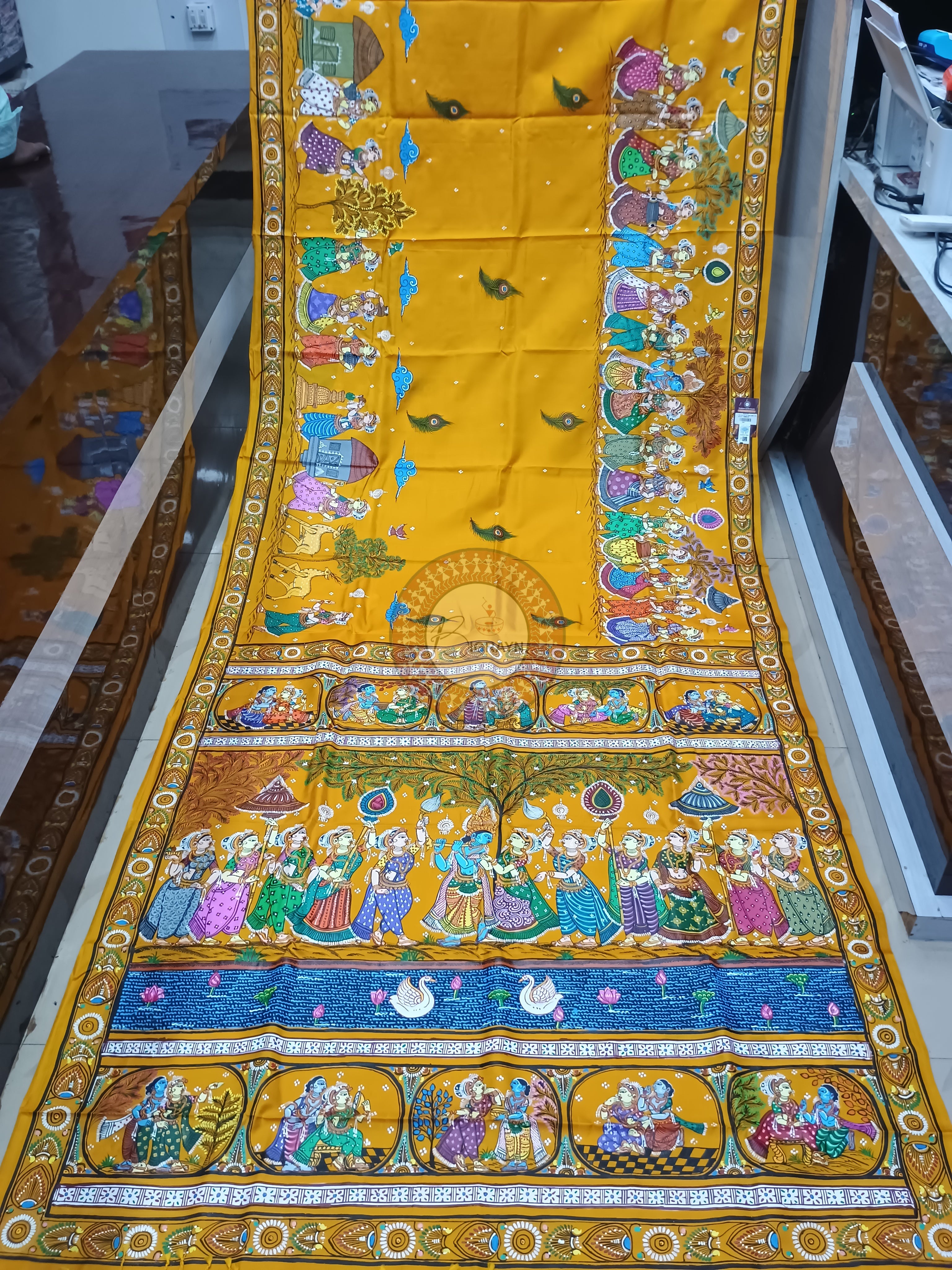Yellow Radha Krishna Rasa Theme Pattachitra Kanjivaram Silk Saree
