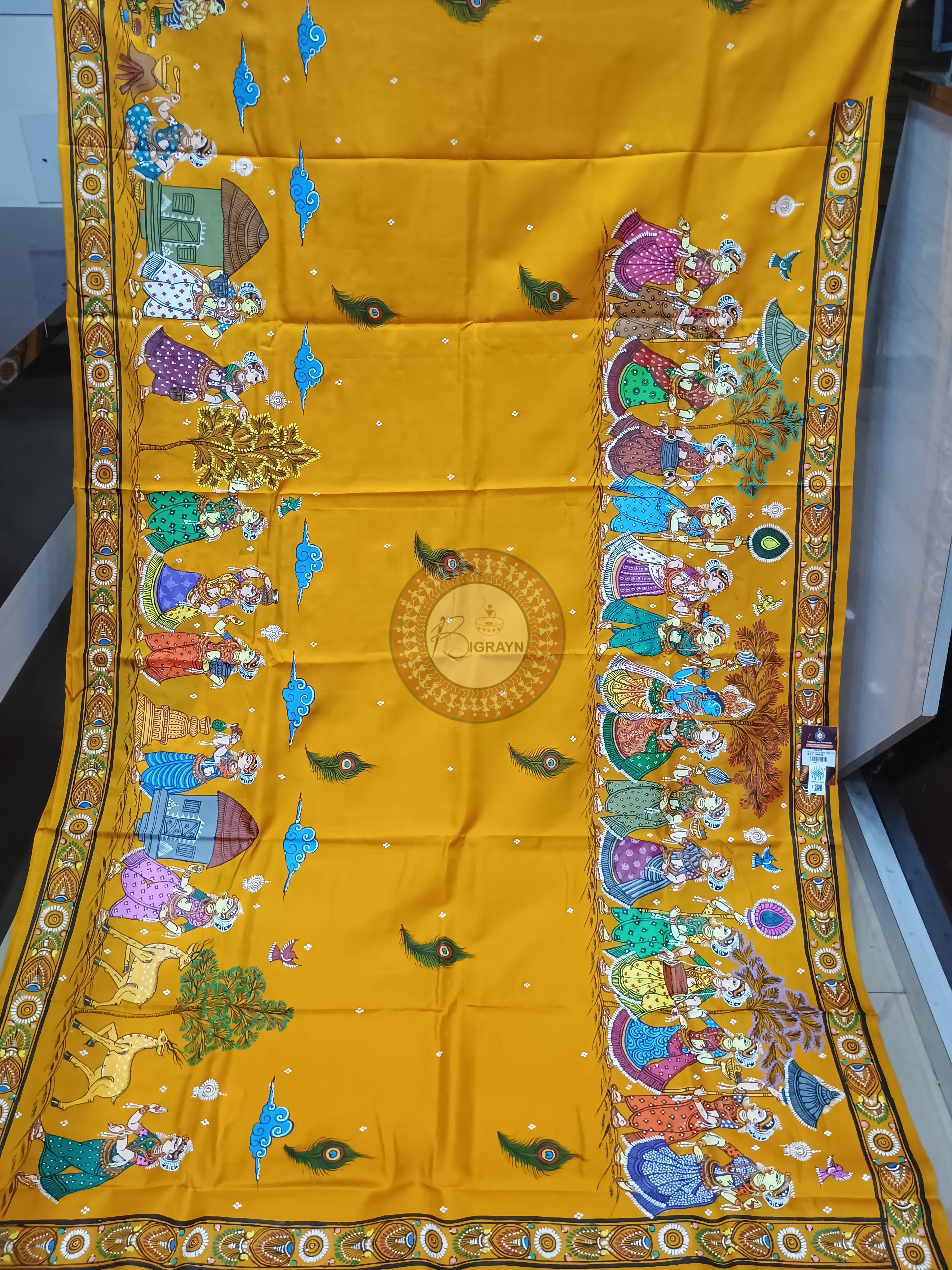 Yellow Radha Krishna Rasa Theme Pattachitra Kanjivaram Silk Saree