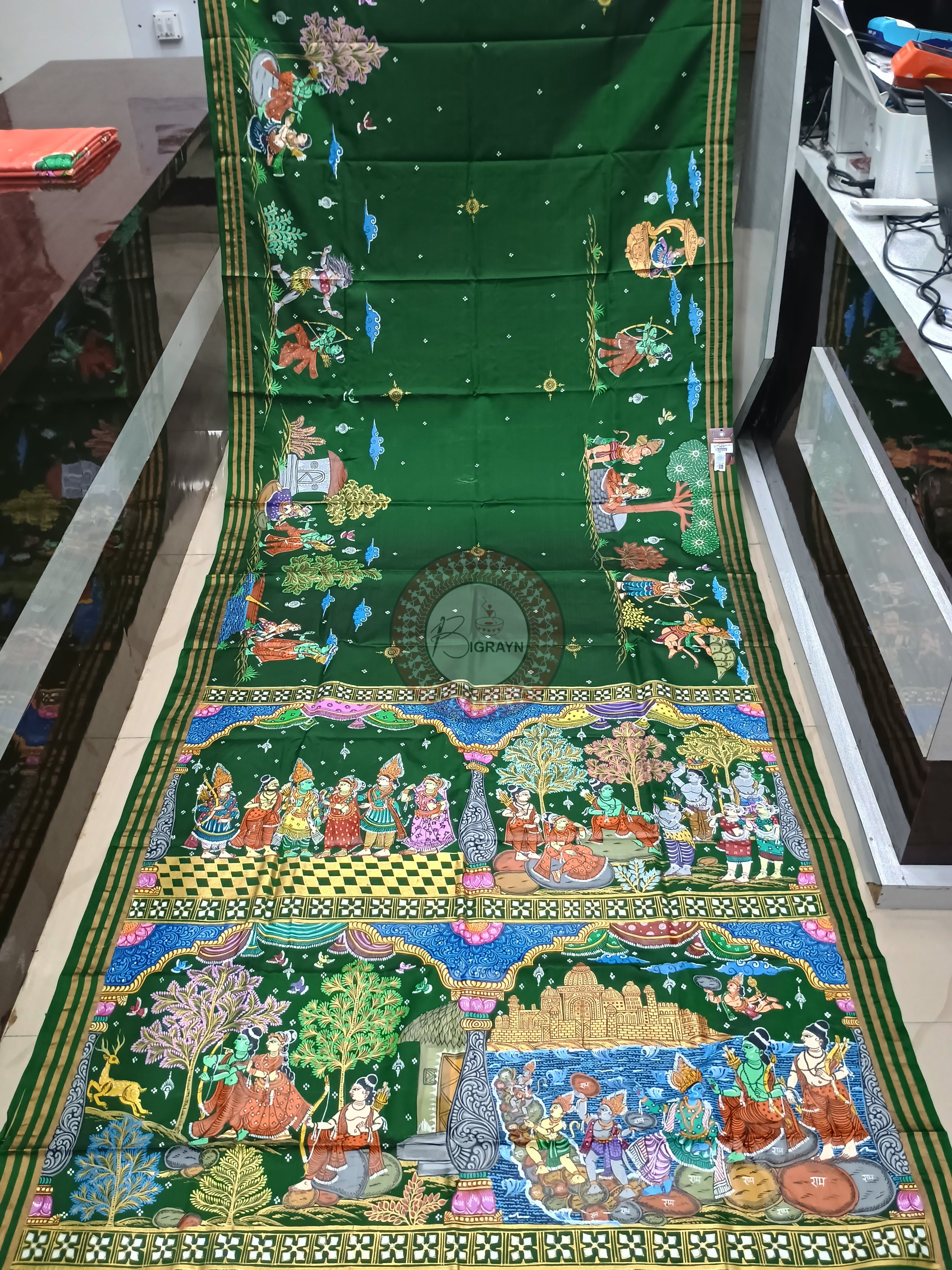 Green Ramayana Story Theme Pattachitra Kanjivaram Silk Saree