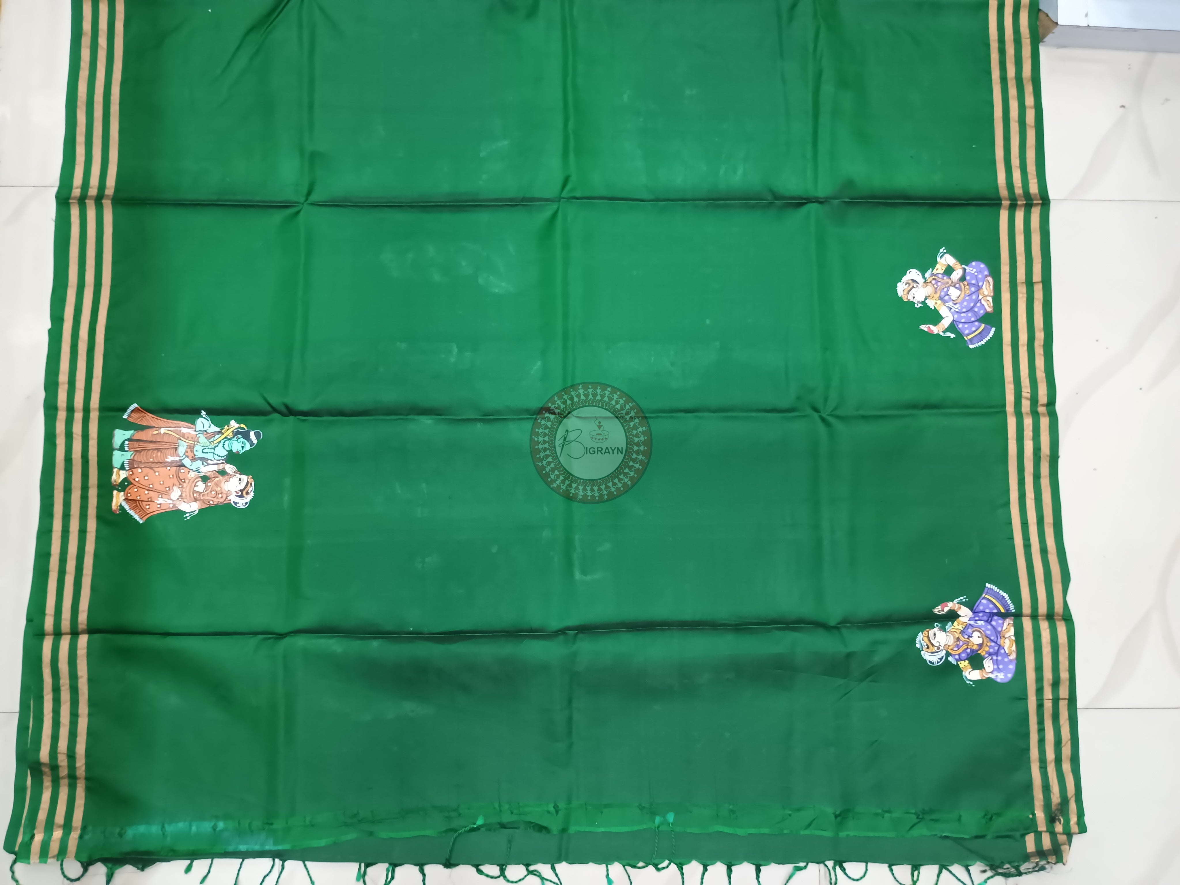 Green Ramayana Story Theme Pattachitra Kanjivaram Silk Saree