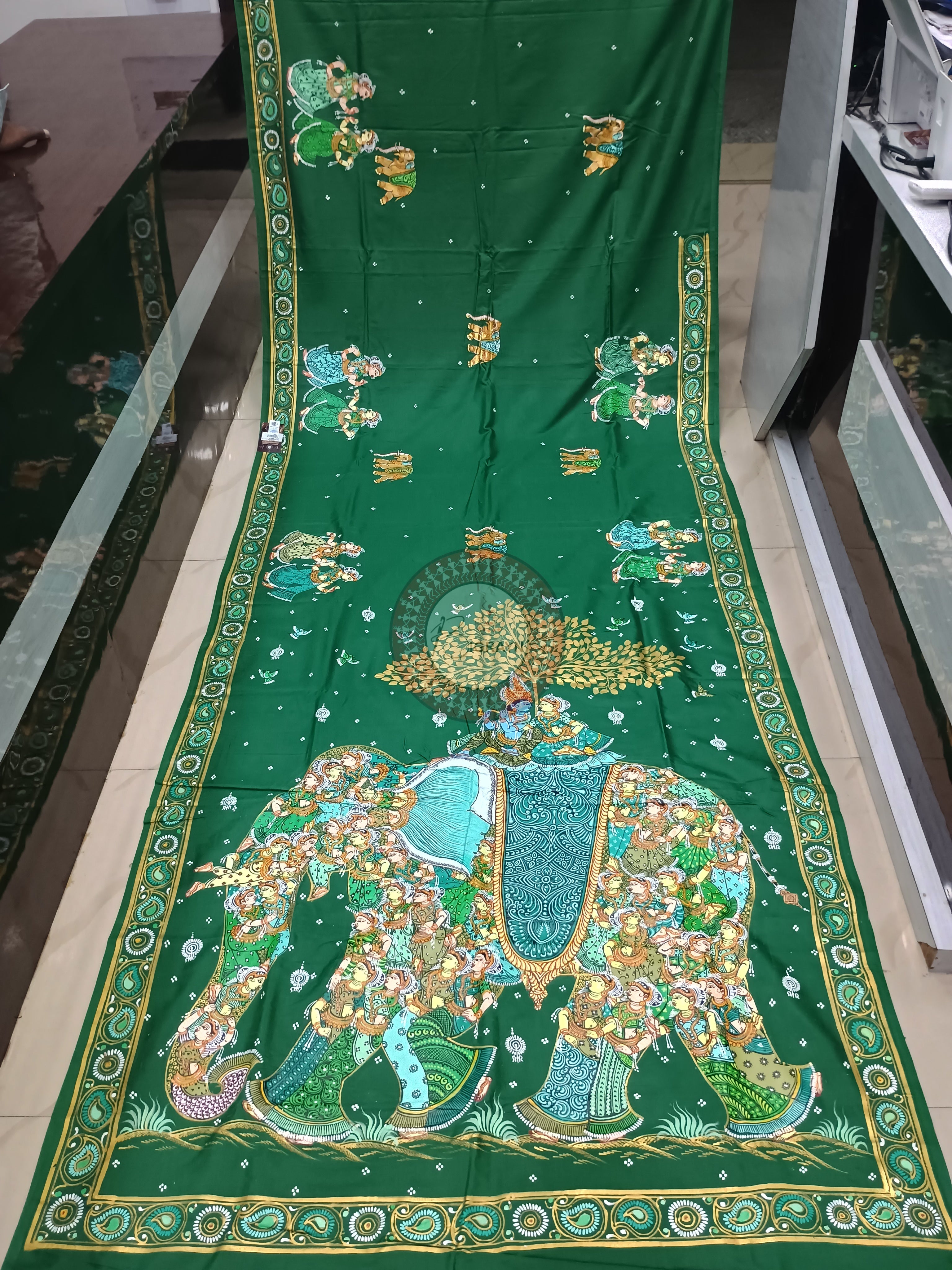 Green Kandarp Hasti Theme Pattachitra Khadi Silk Saree