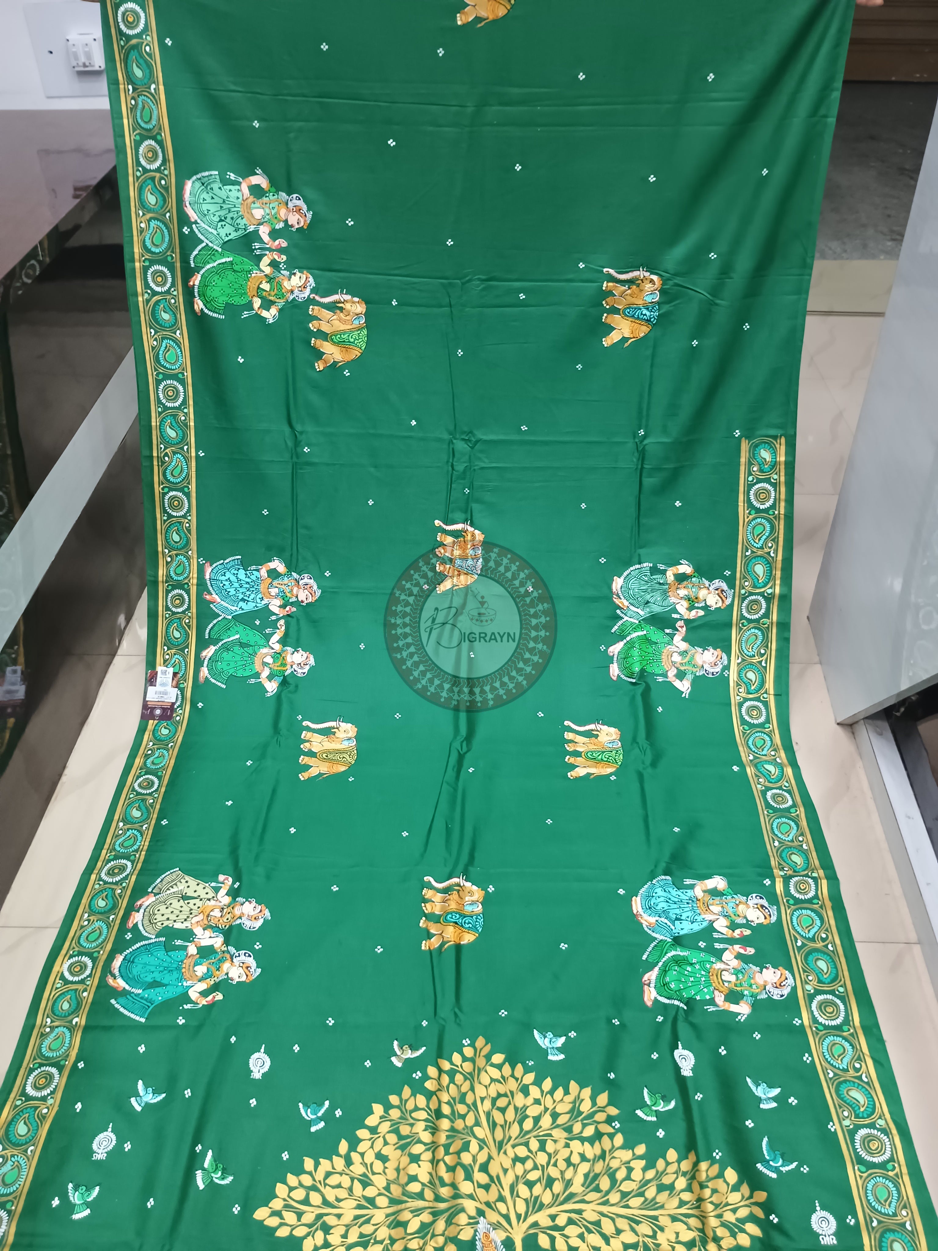 Green Kandarp Hasti Theme Pattachitra Khadi Silk Saree