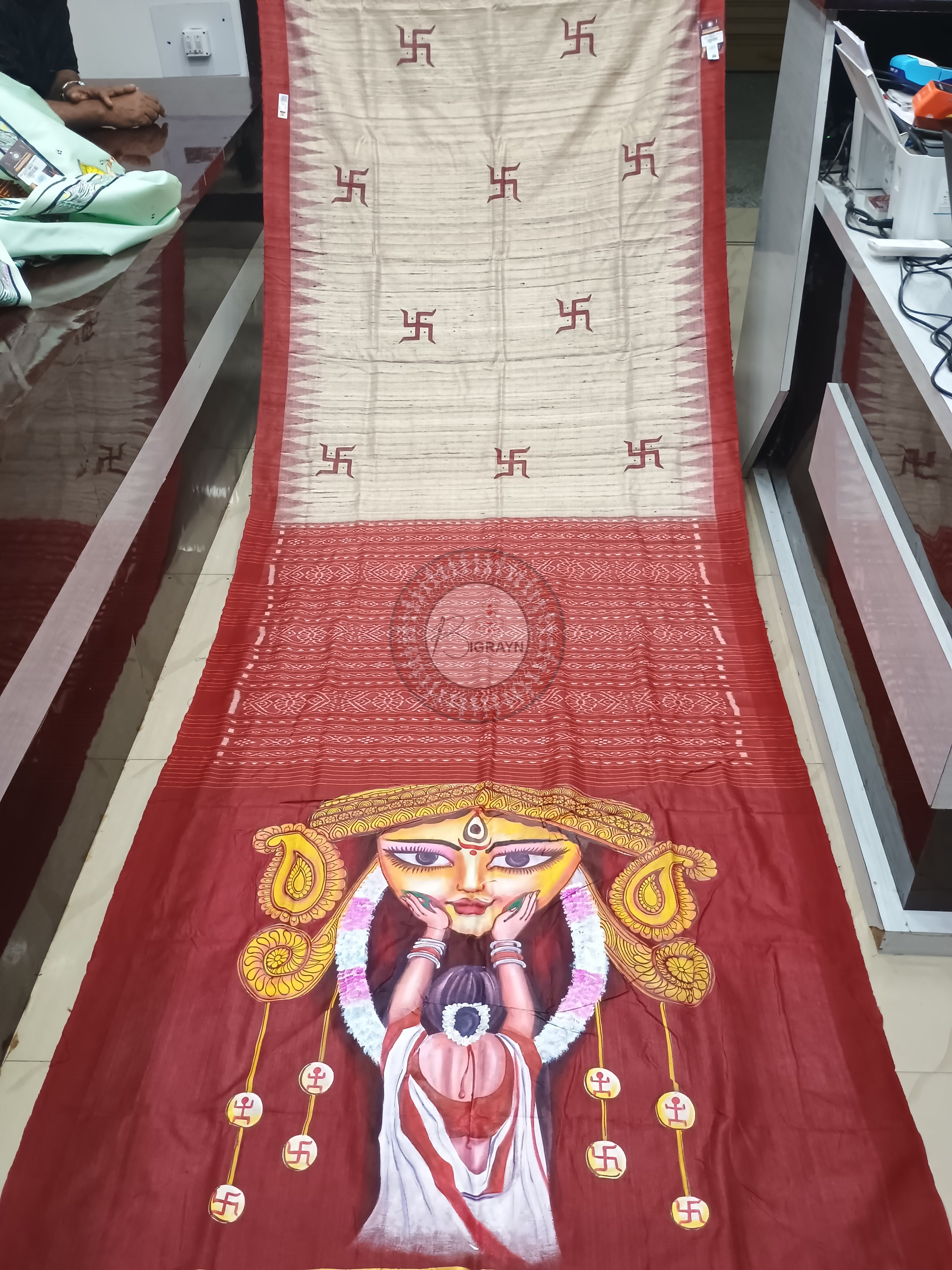 Tussarite Maroon Durga Maa Theme Pattachitra Tussar Silk Saree