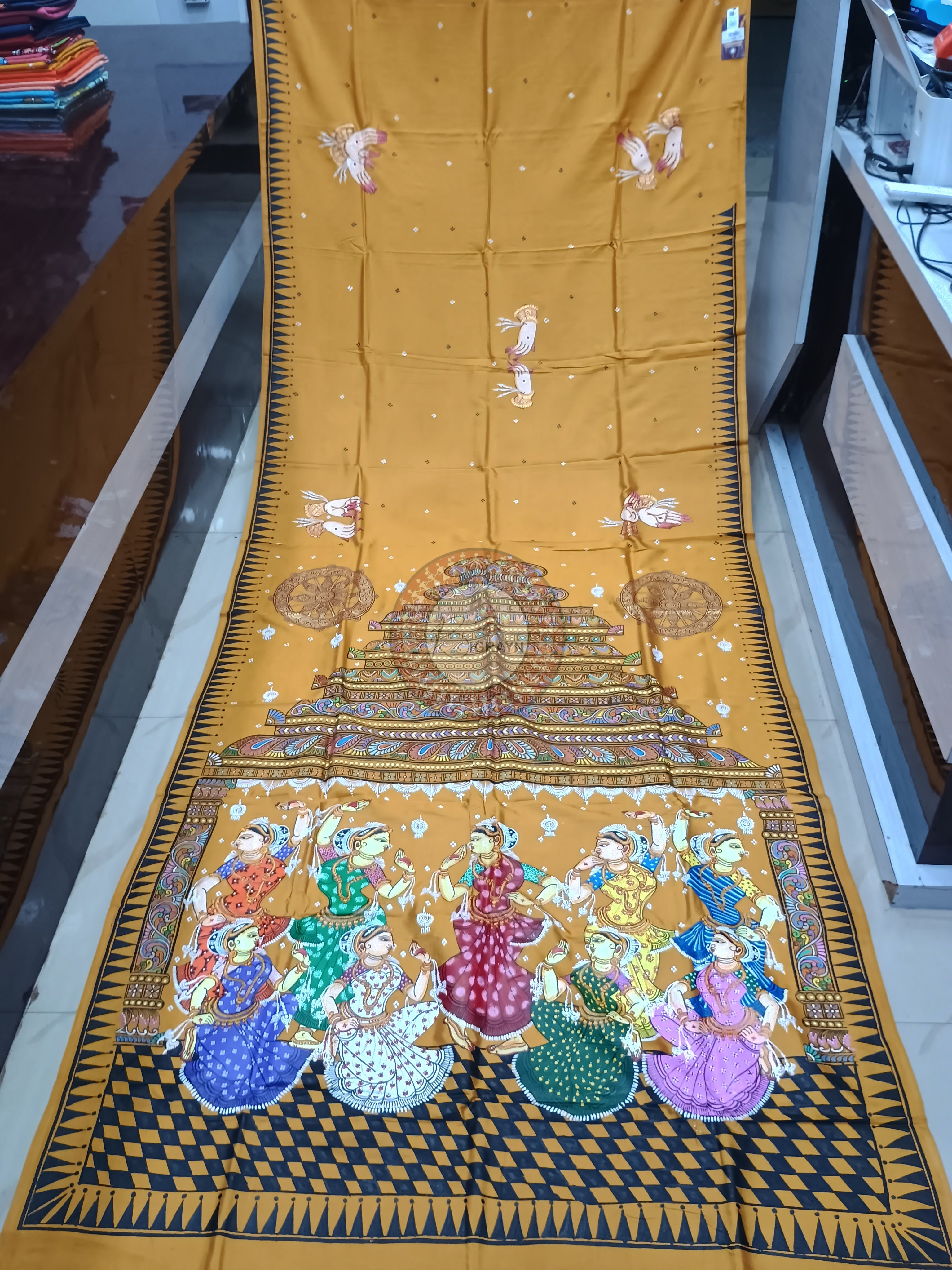 Yellow Konark Temple And Dancer Theme Pattachitra Khadi Silk Saree