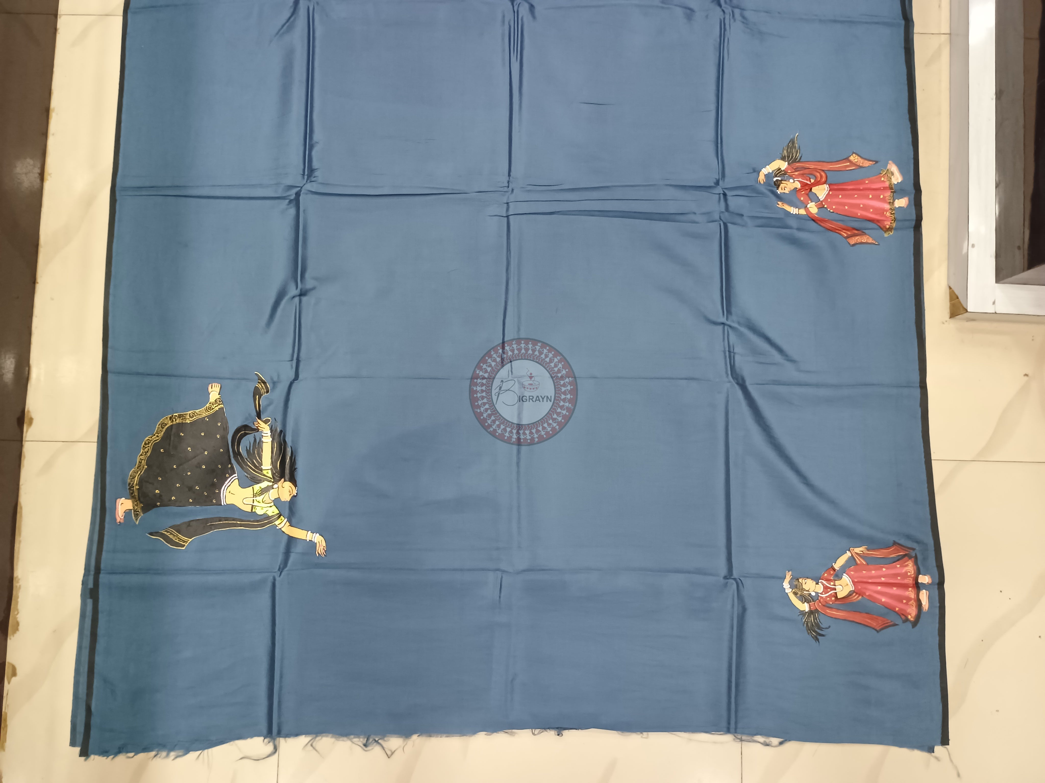 Grey Dancer Theme Pattachitra Khadi Silk Saree