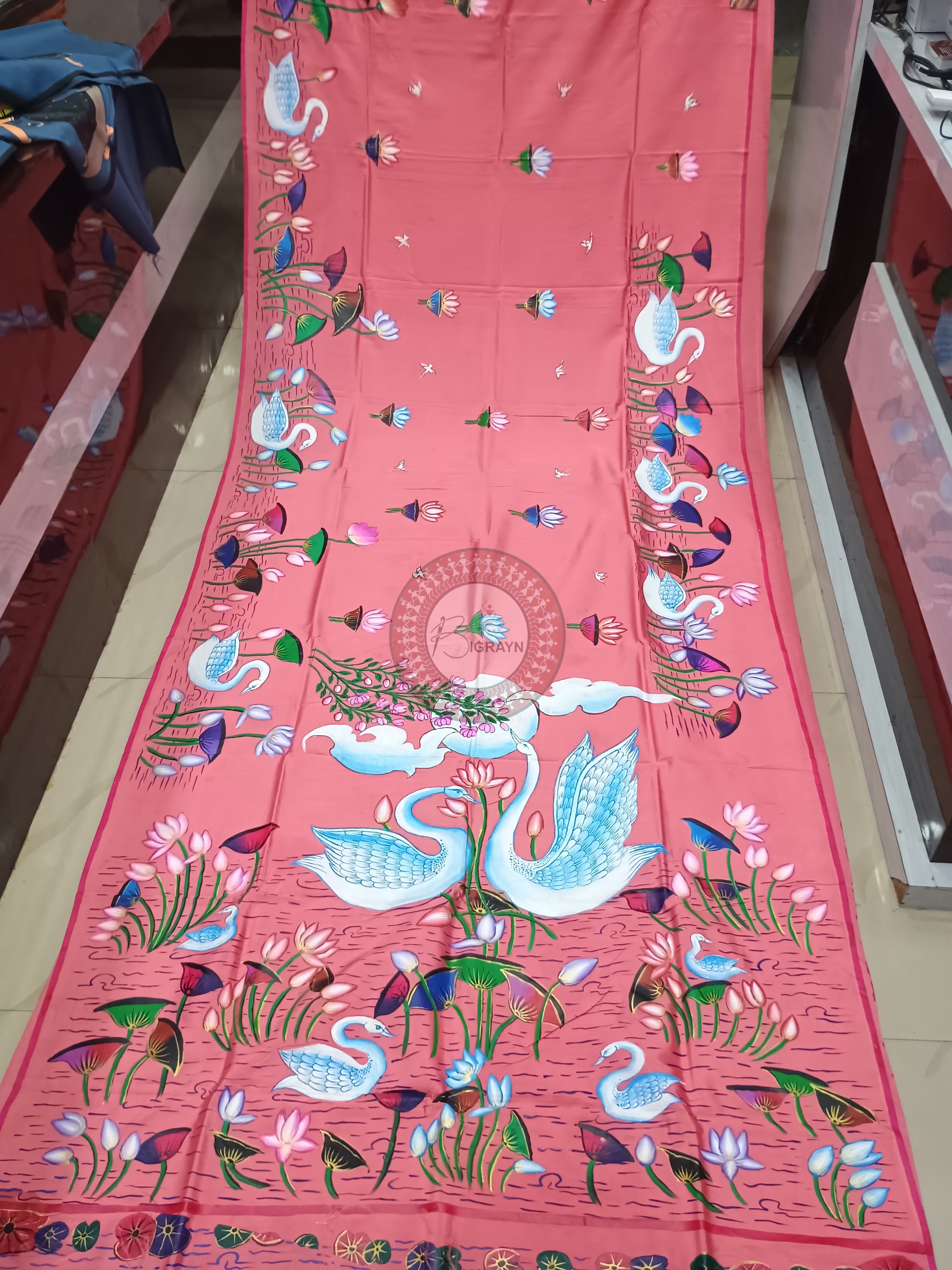 Pink Water Lily And Swan Theme Pattachitra Khadi Silk Saree