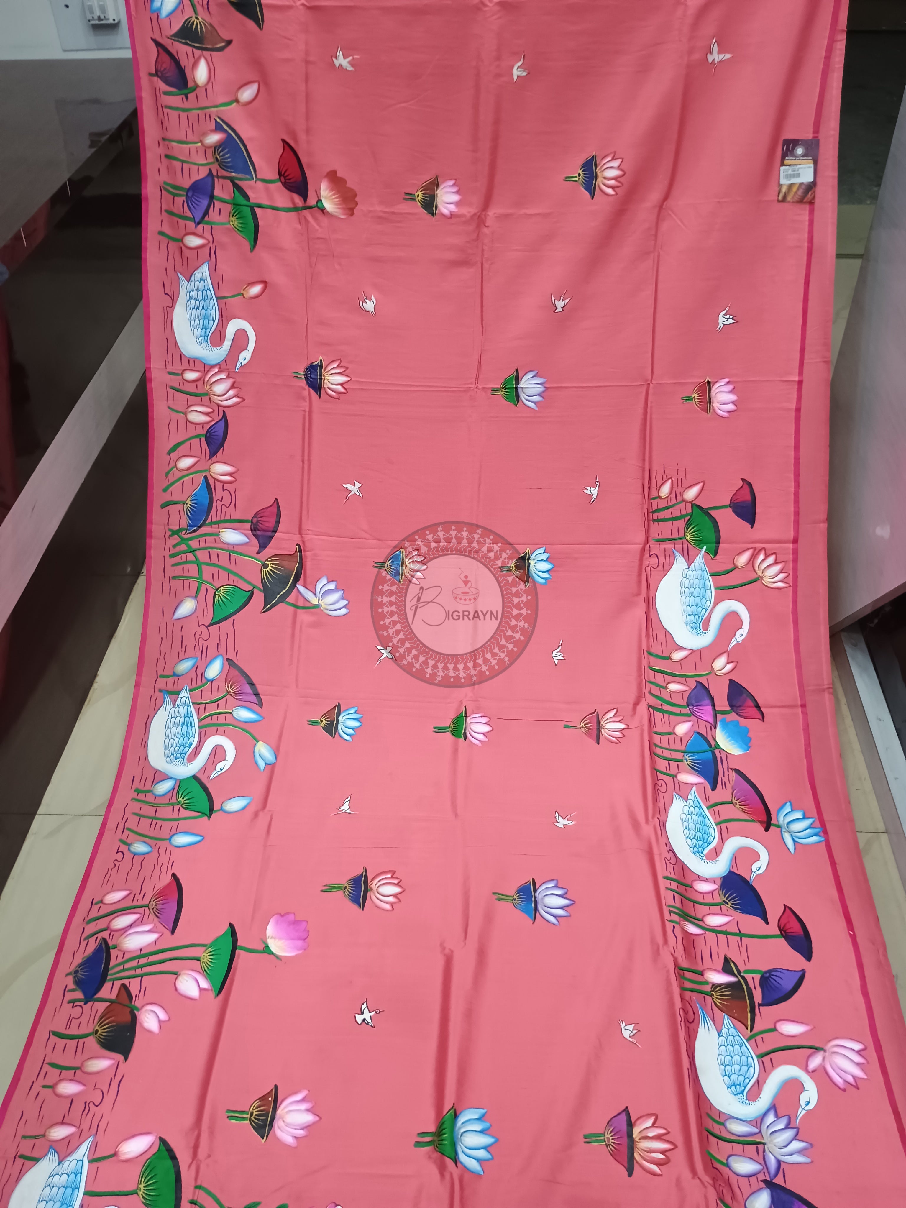 Pink Water Lily And Swan Theme Pattachitra Khadi Silk Saree