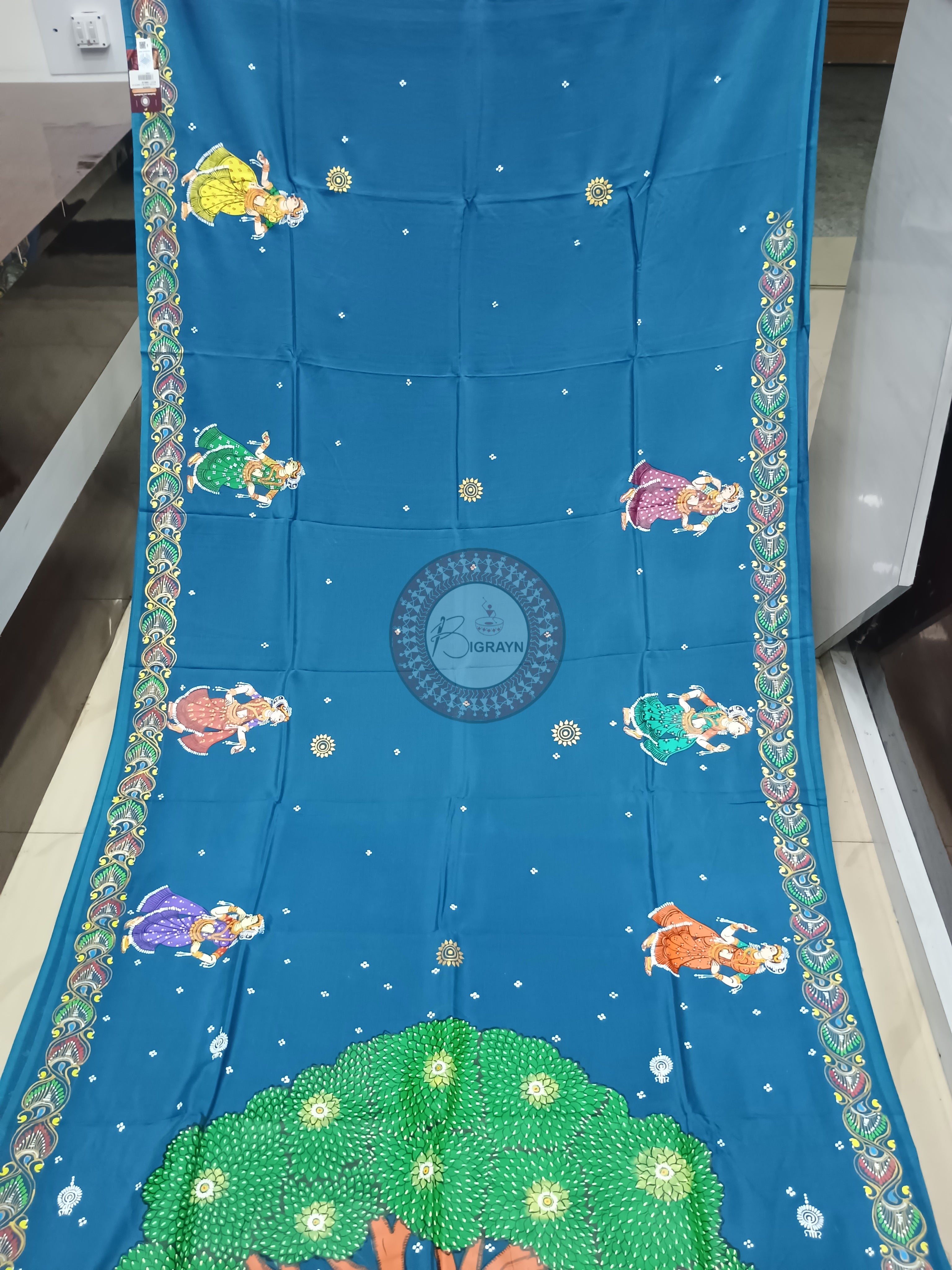 Teal Blue Bata Sabitri Theme Pattachitra Khadi Silk Saree