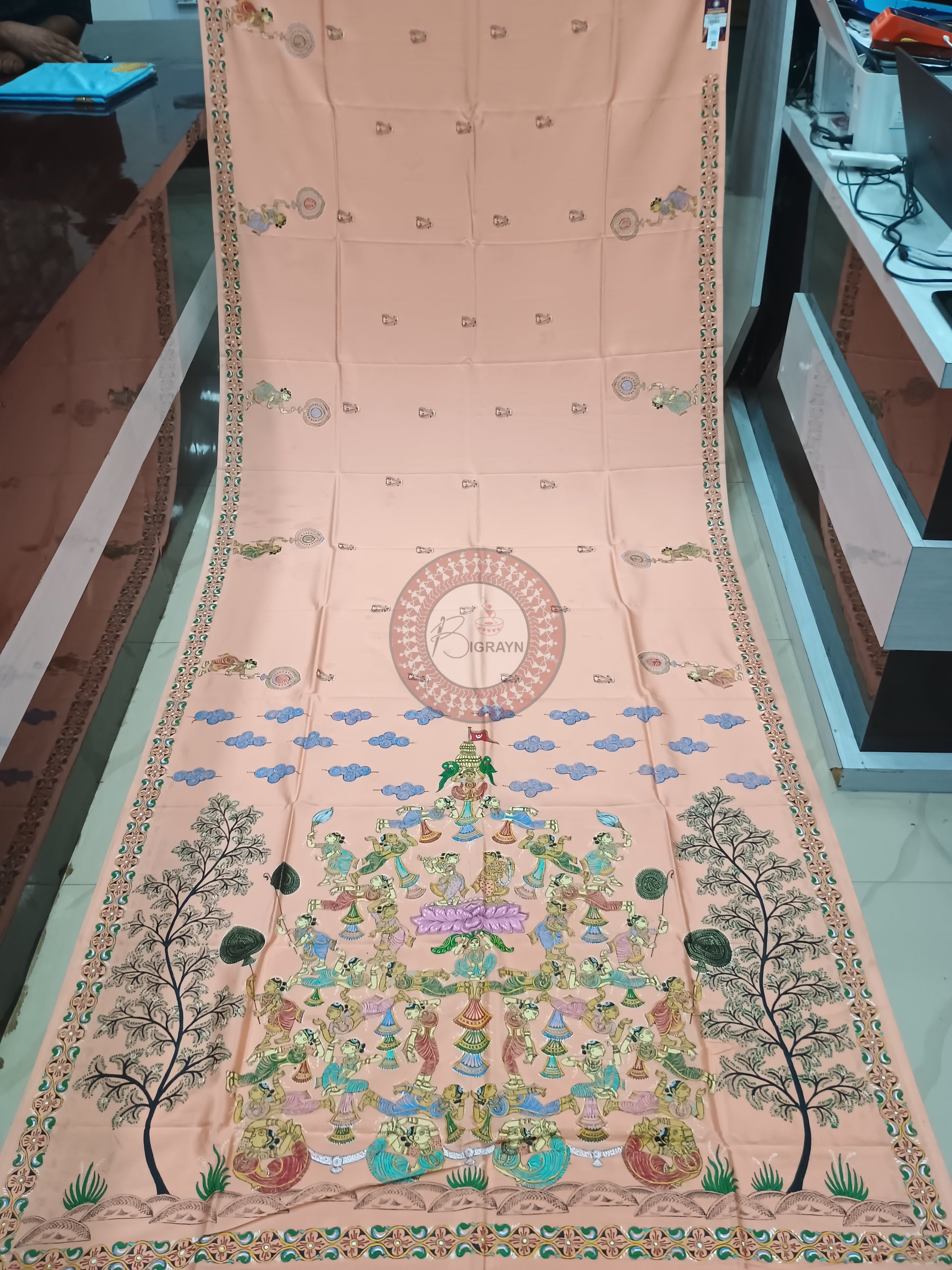 Peach Kandarp Ratha Theme Pattachitra Khadi Silk Saree