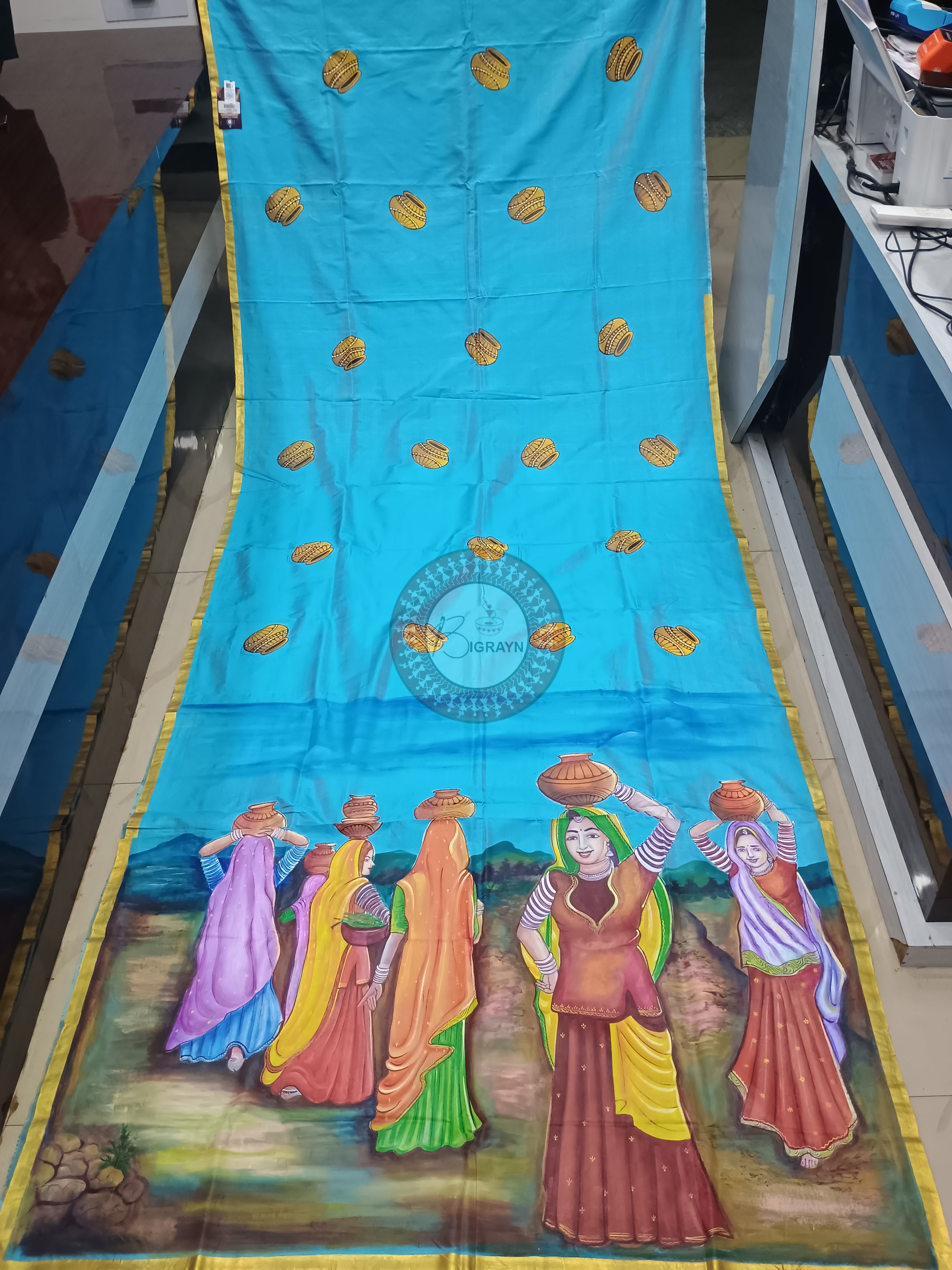Sky Rajastani Art Theme Pattachitra Sambalpuri Silk Saree