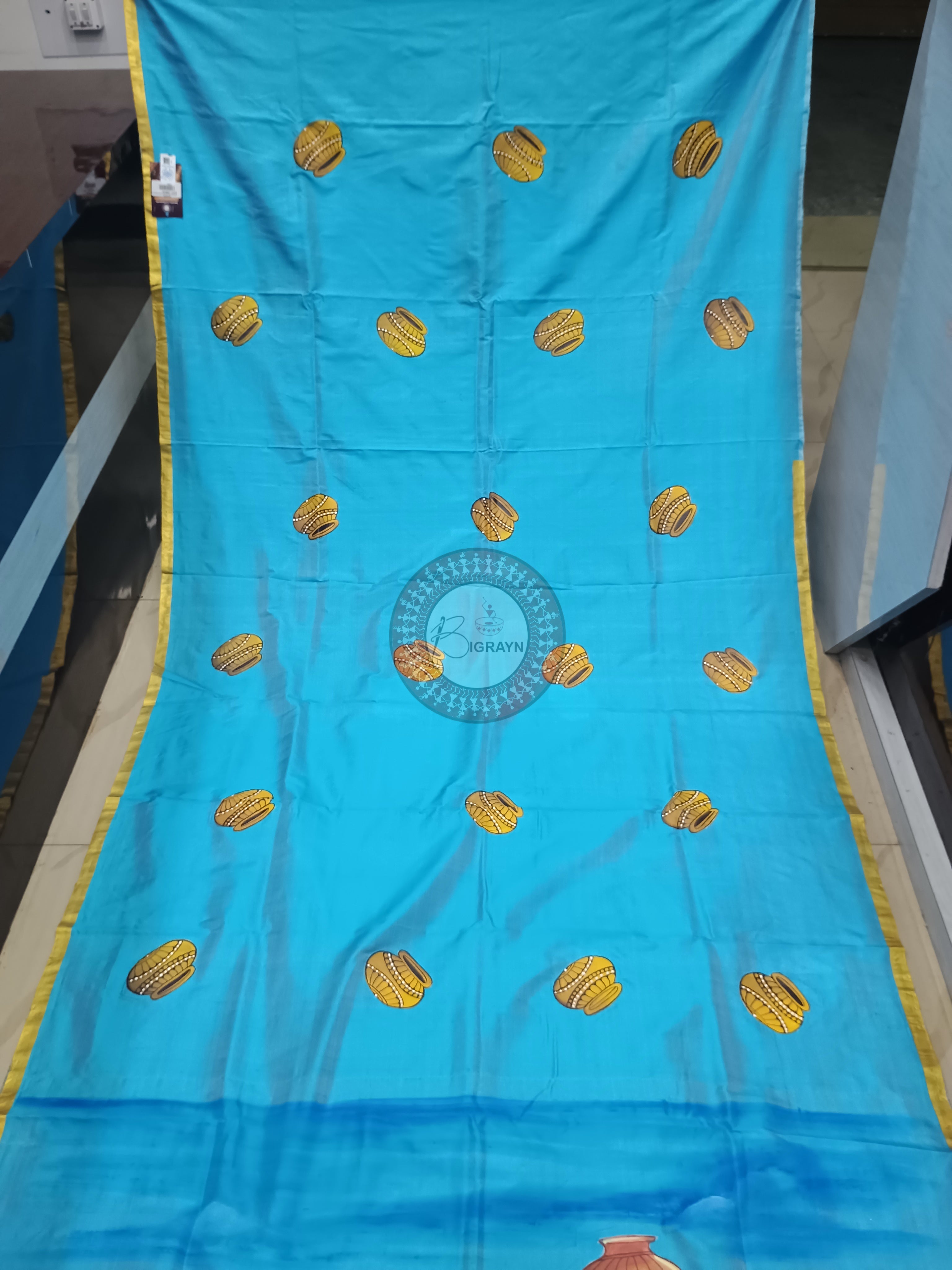 Sky Rajastani Art Theme Pattachitra Sambalpuri Silk Saree