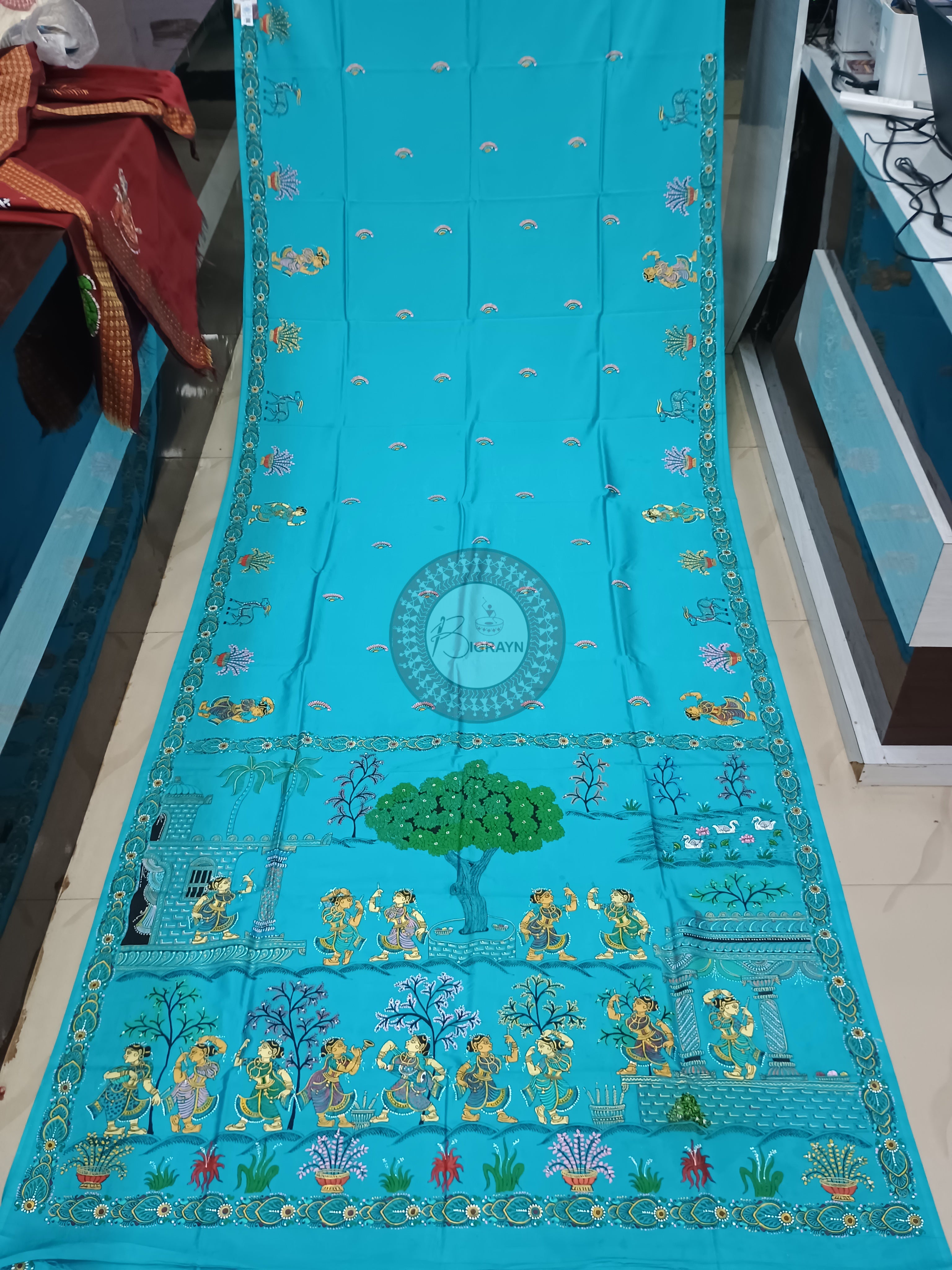 Copper Sulphate Dancer Theme Pattachitra Khadi Silk Saree