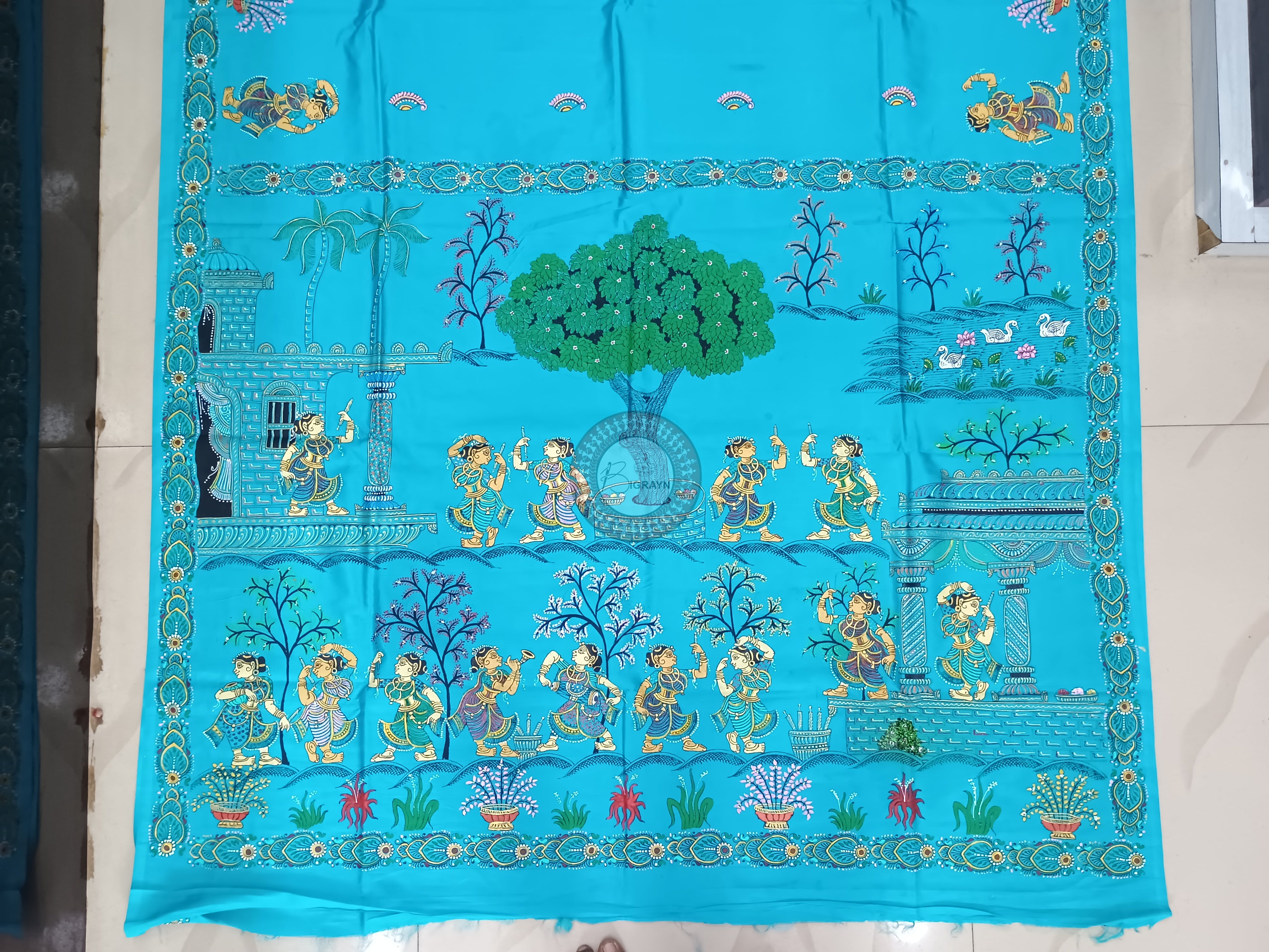 Copper Sulphate Dancer Theme Pattachitra Khadi Silk Saree