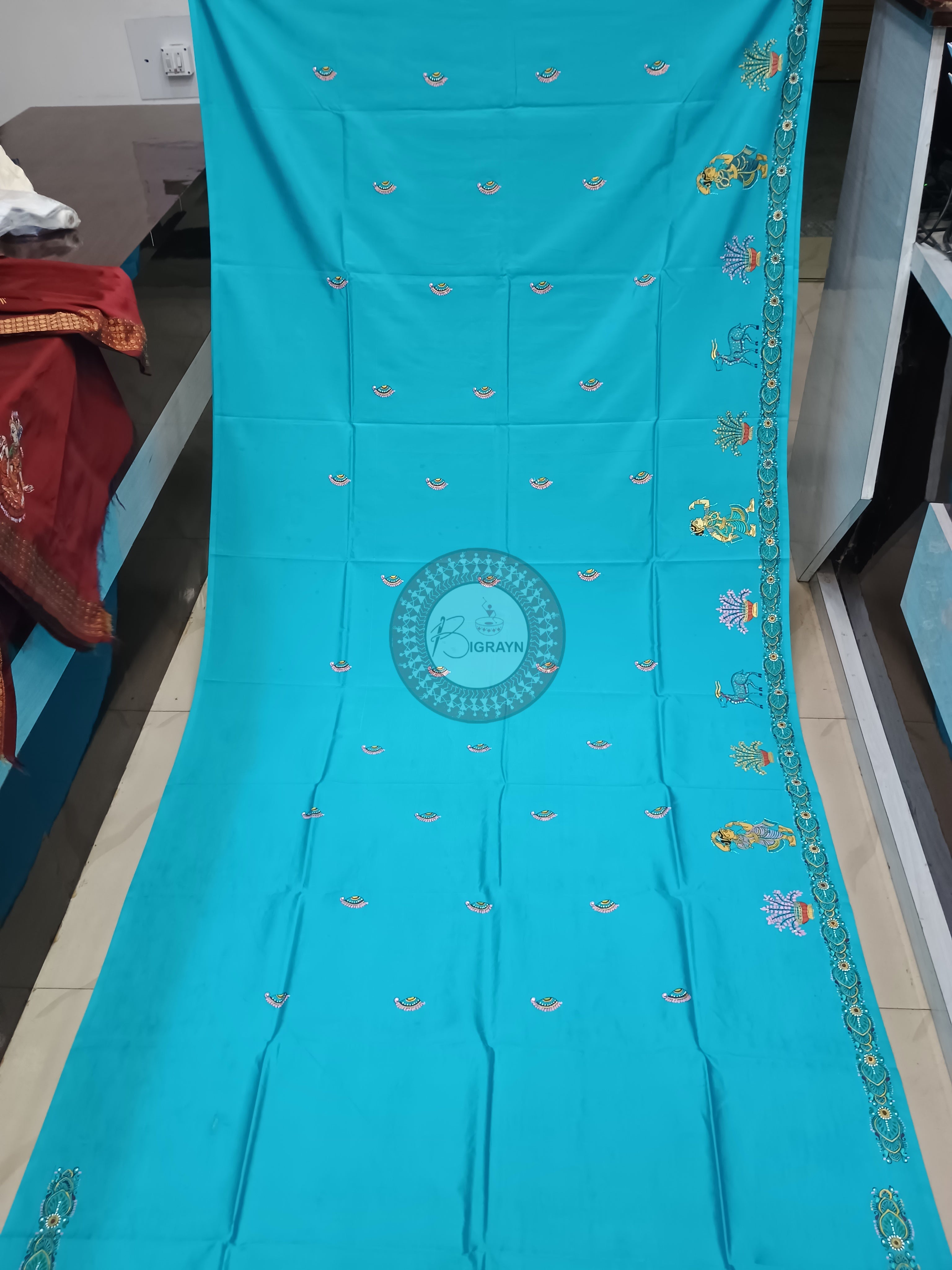 Copper Sulphate Dancer Theme Pattachitra Khadi Silk Saree