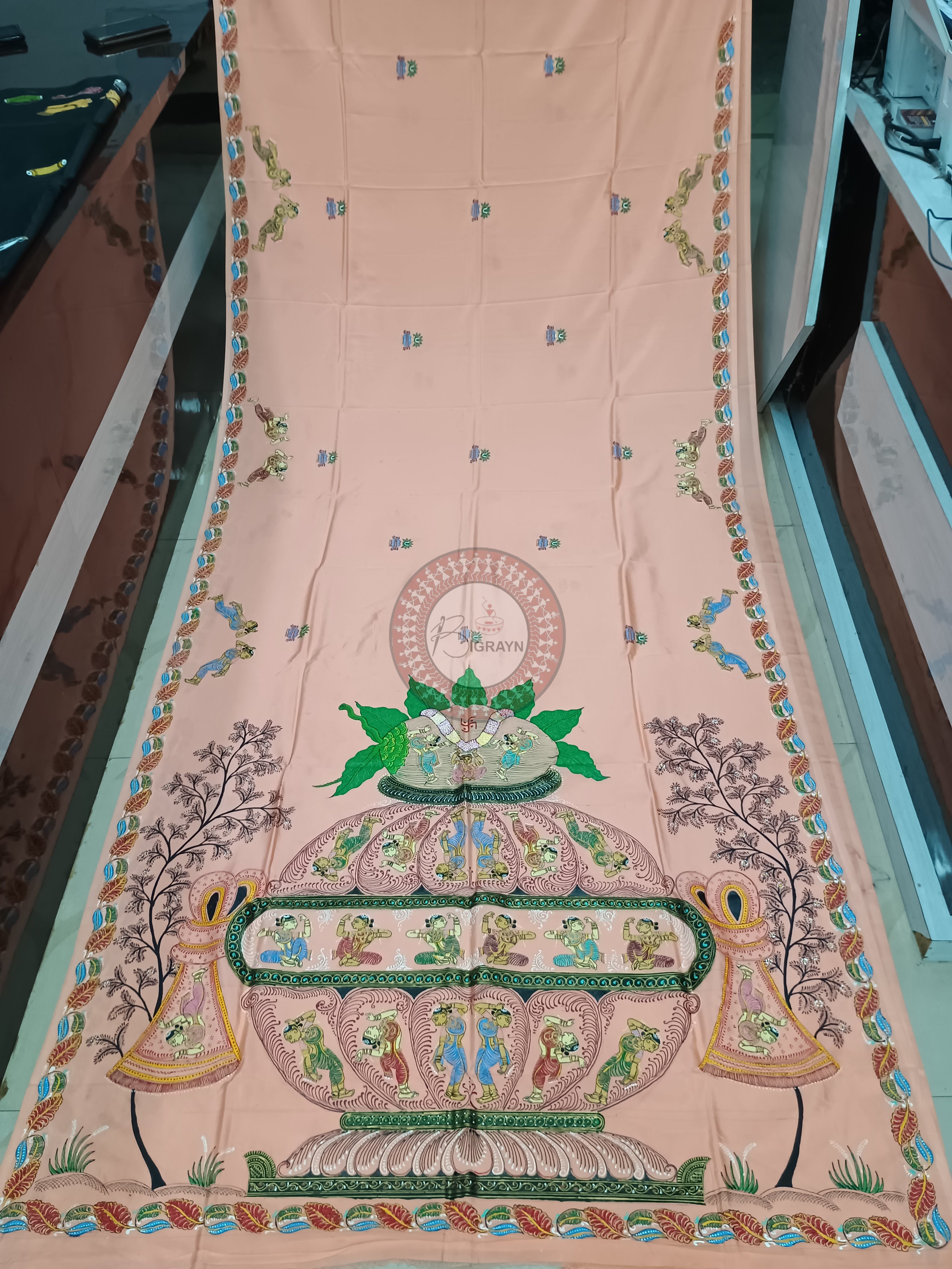 Peach Kandarp Kalash Theme Pattachitra Khadi Silk Saree