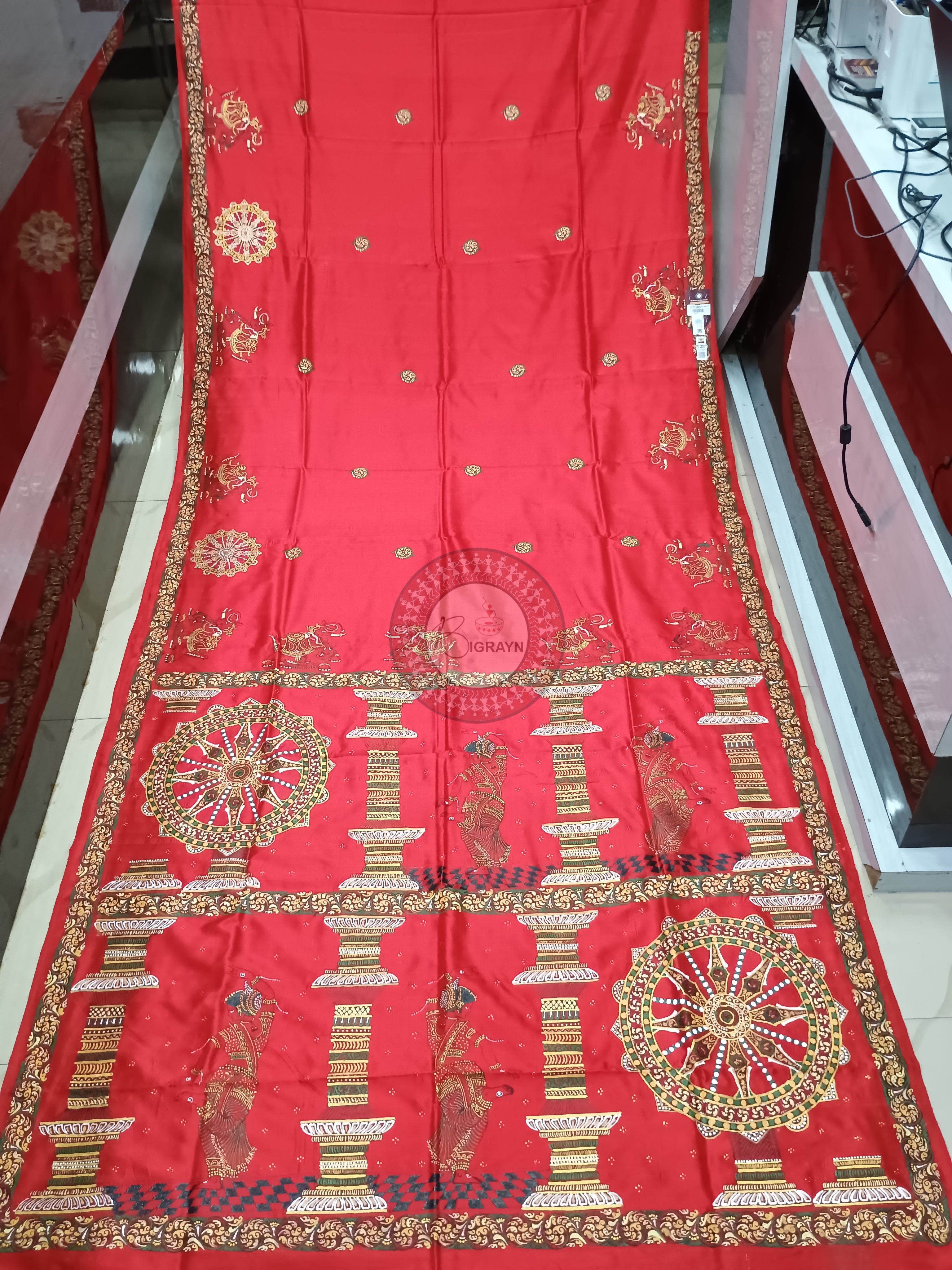 Red Konark Wheel Theme Pattachitra Silk Saree