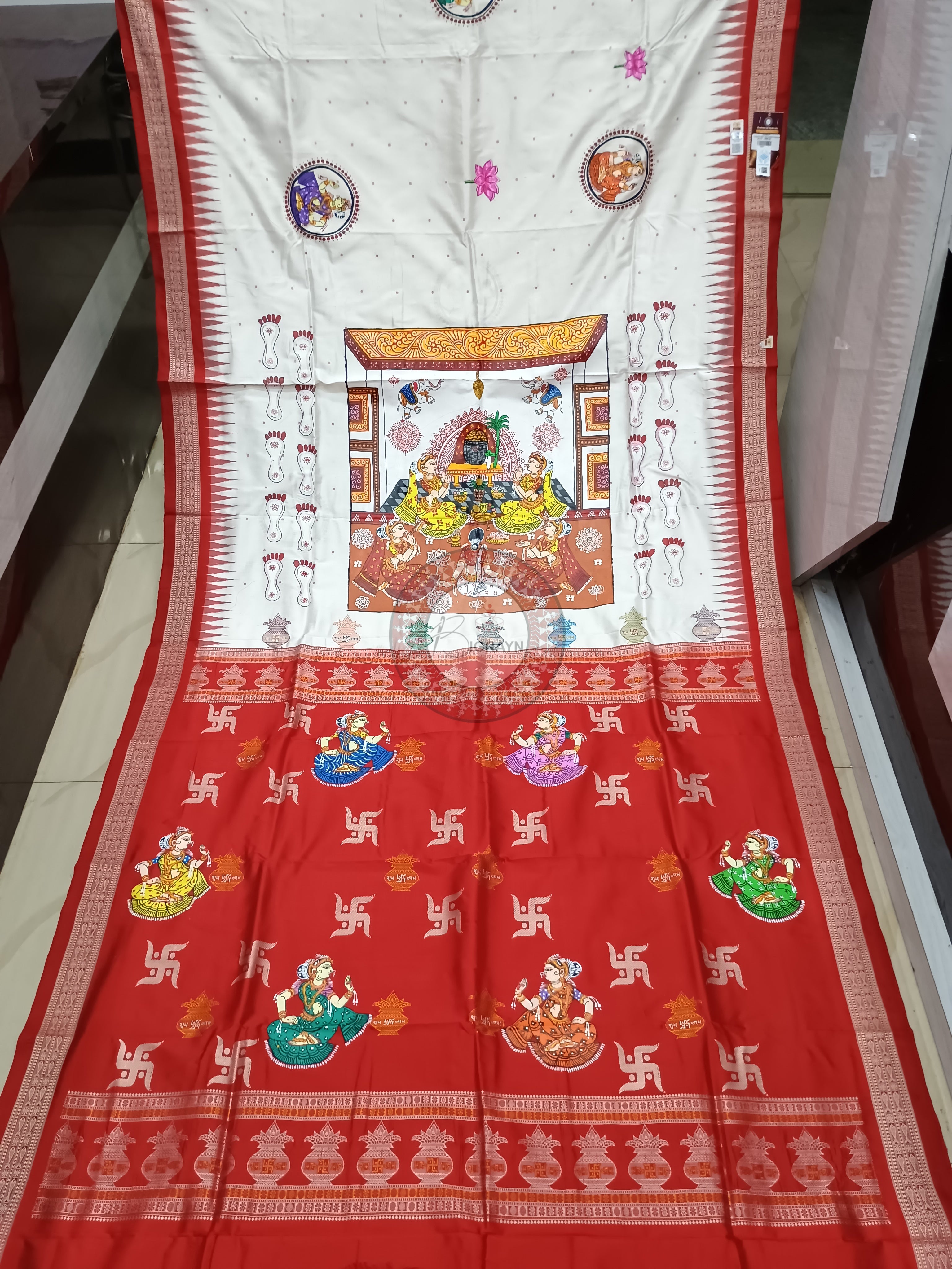 White Red Laxmi Puja With Swasti Kalashi Anchle Theme Pattachitra Silk Saree