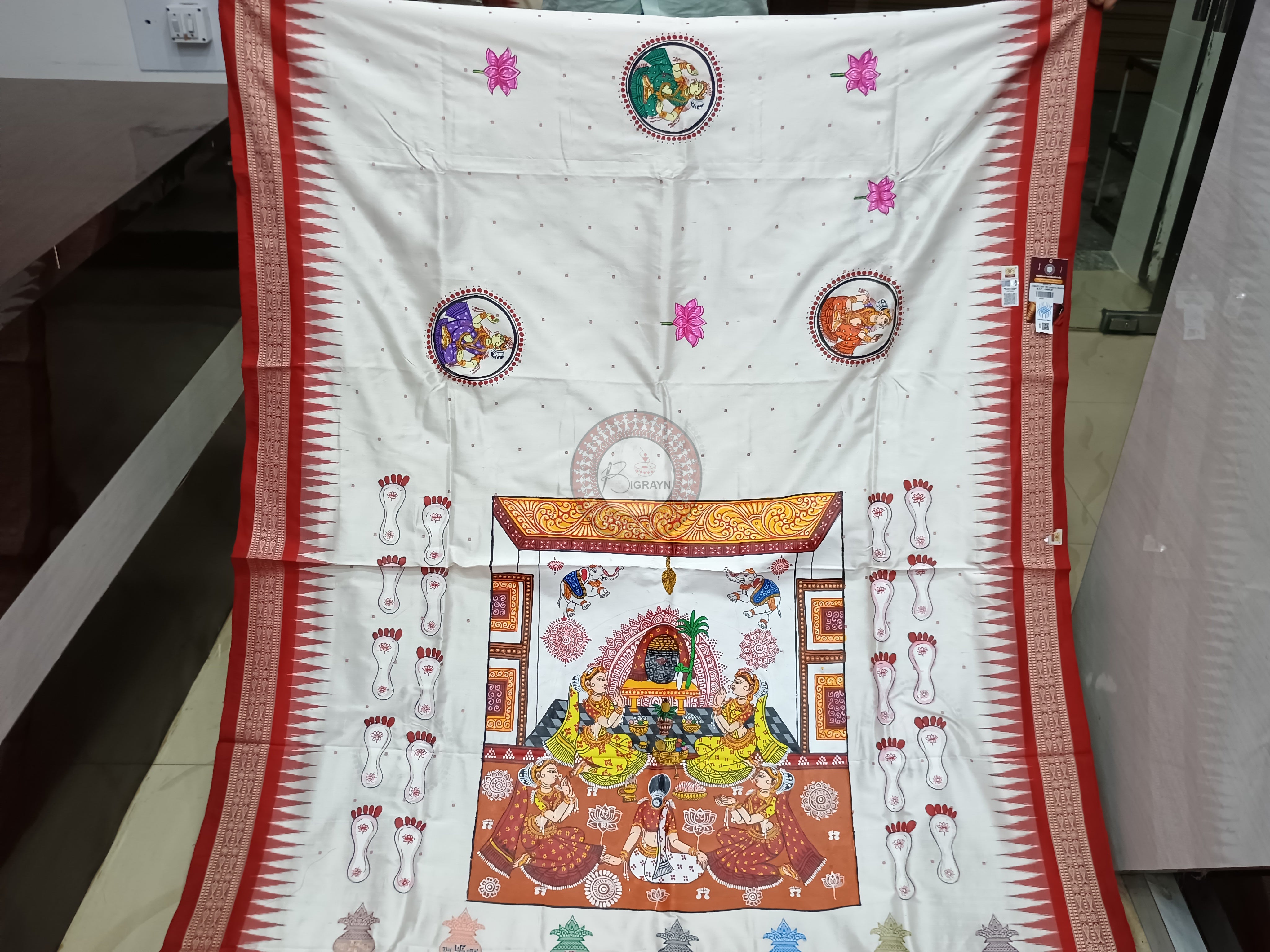 White Red Laxmi Puja With Swasti Kalashi Anchle Theme Pattachitra Silk Saree