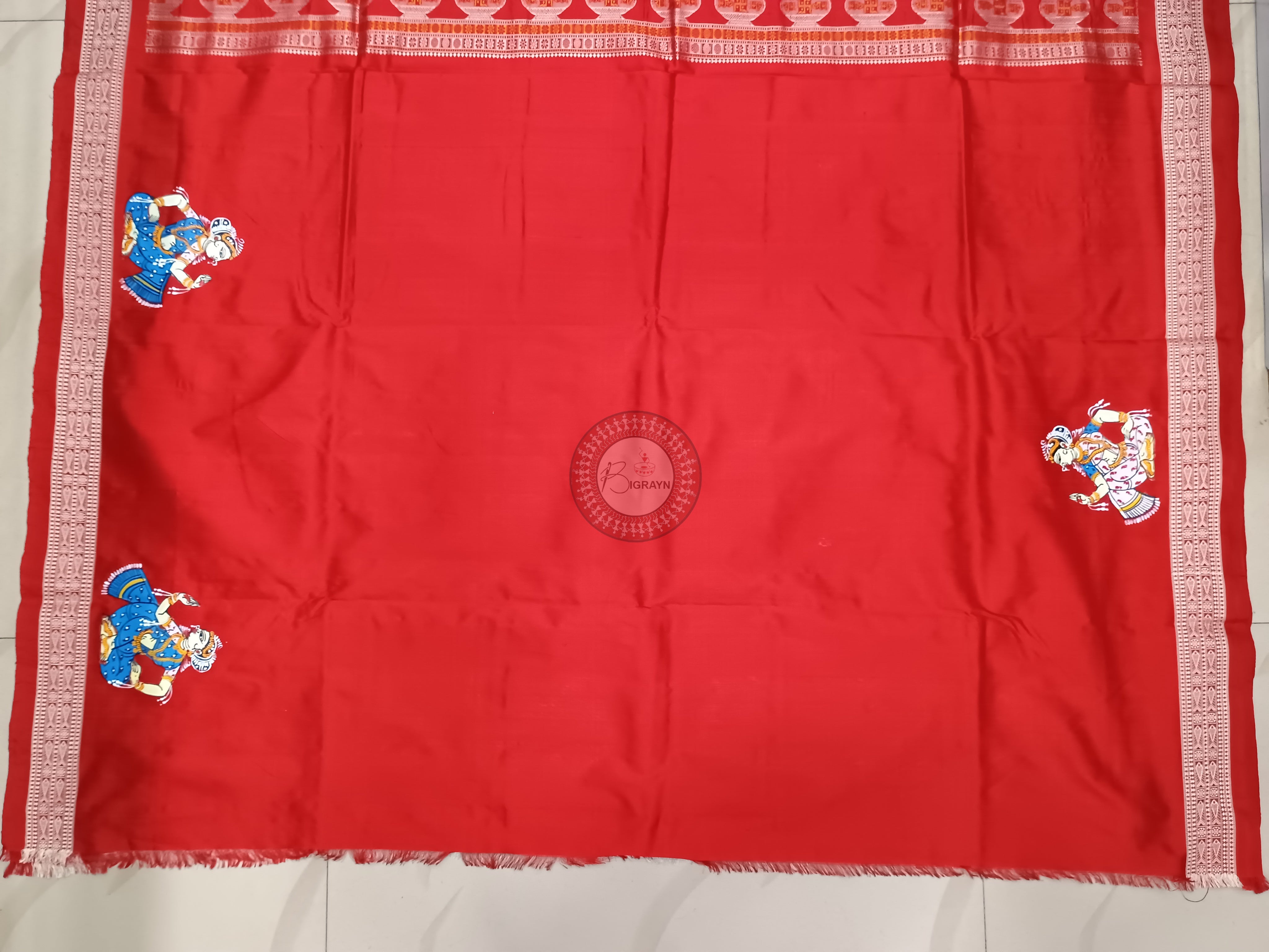 White Red Laxmi Puja With Swasti Kalashi Anchle Theme Pattachitra Silk Saree