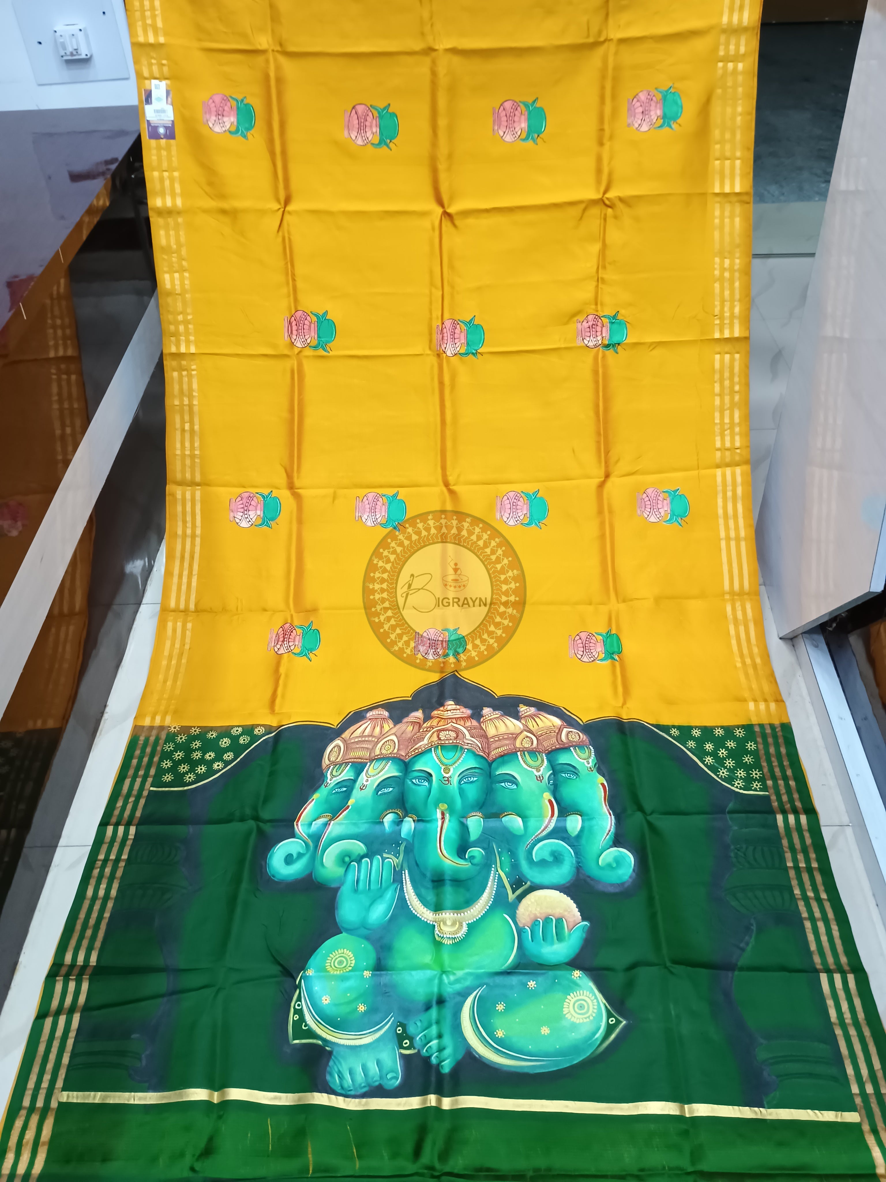 Yellow Green Pancha Mukhi Ganesh Theme Pattachitra Kanjeeveram Silk Saree