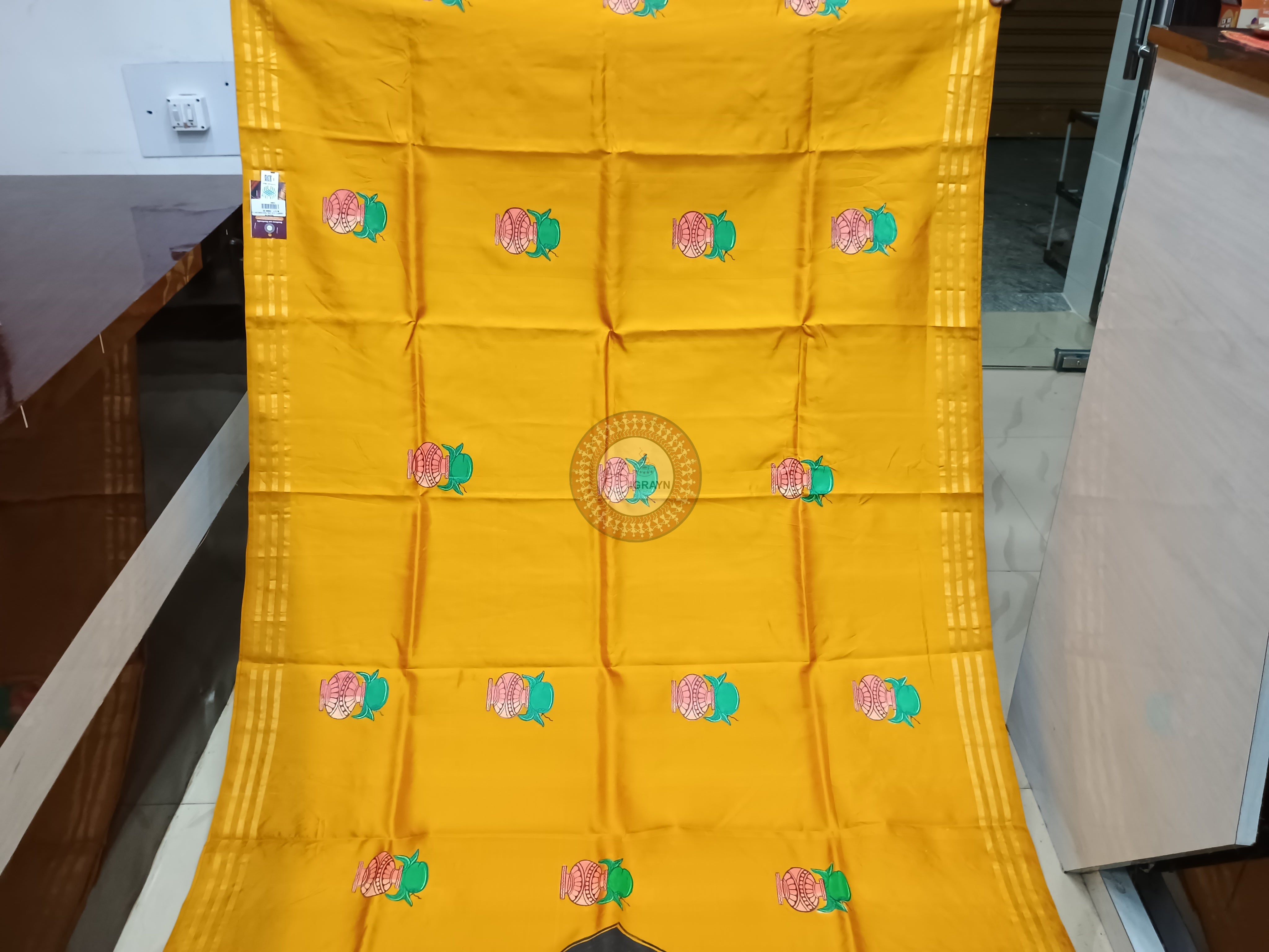 Yellow Green Pancha Mukhi Ganesh Theme Pattachitra Kanjeeveram Silk Saree