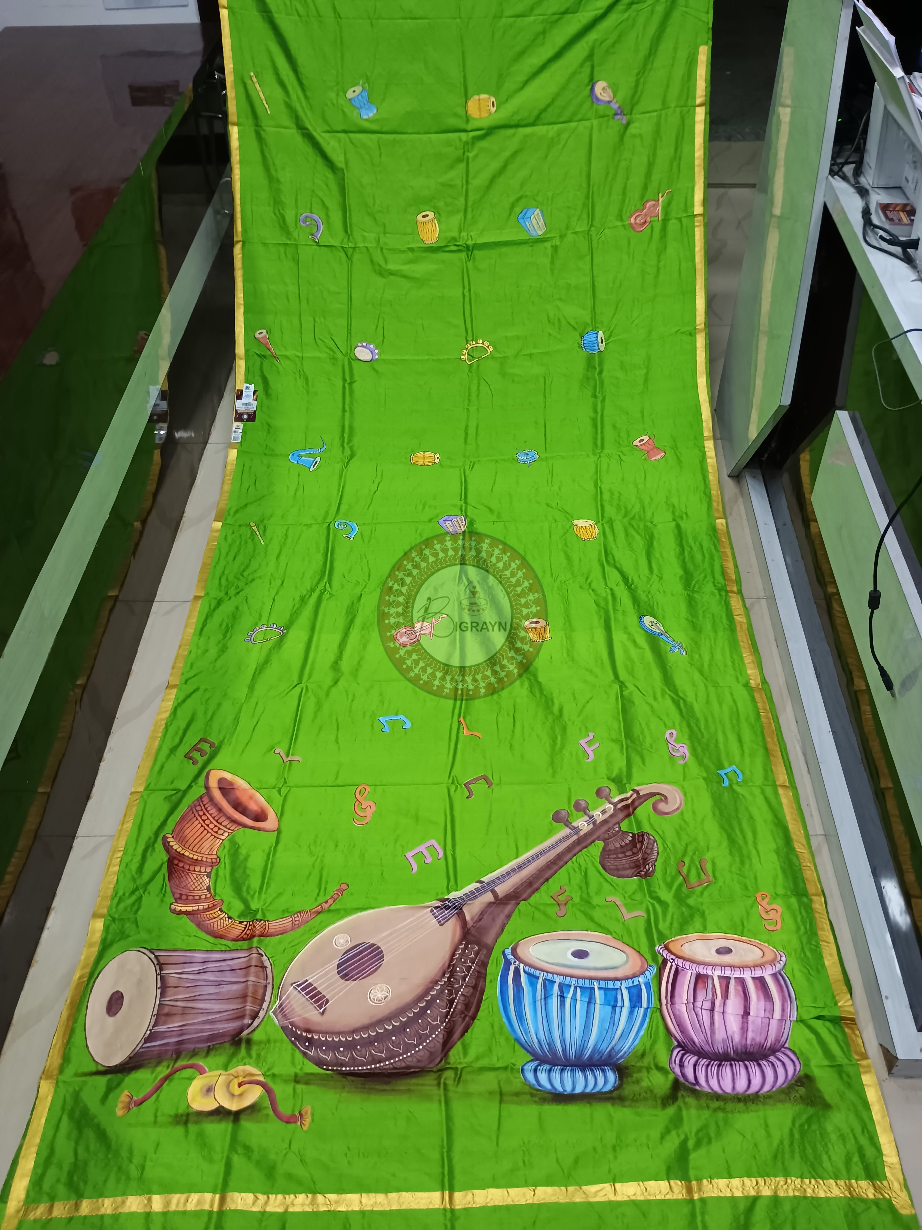 Parrot Green Musical Instruments Mordern Art Theme Pattachitra Silk Saree