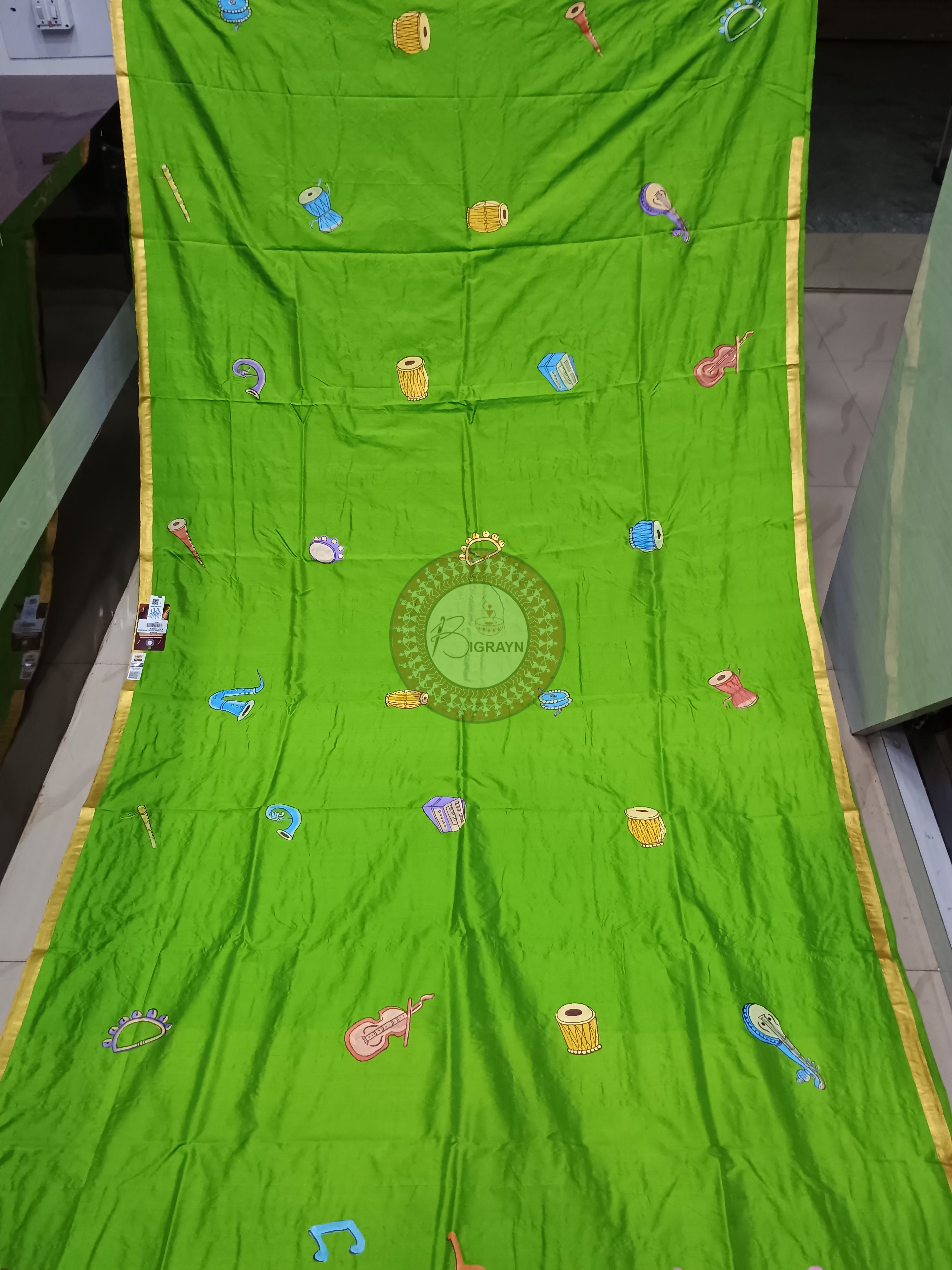 Parrot Green Musical Instruments Mordern Art Theme Pattachitra Silk Saree